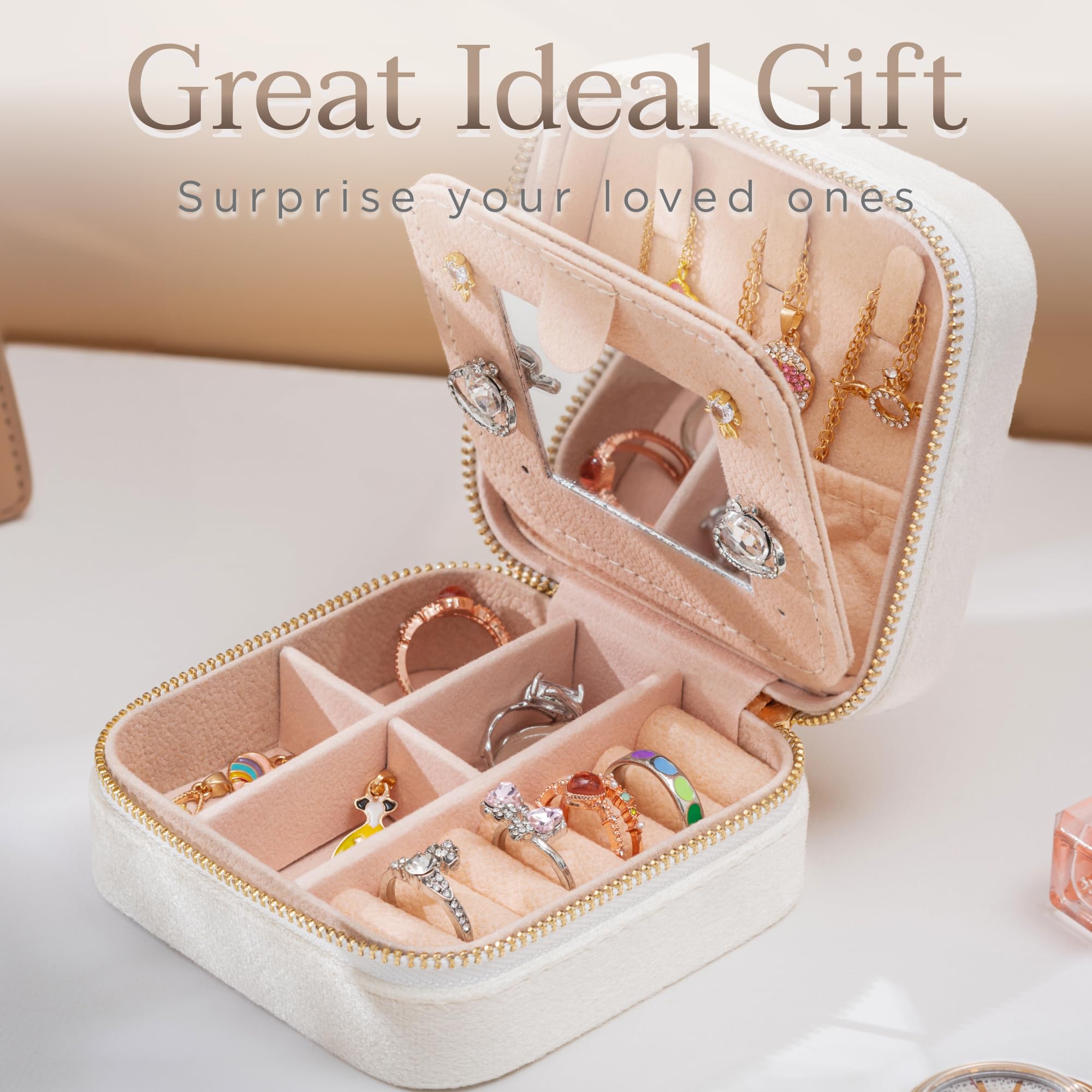 HEBES Caixa de joias de veludo de pelúcia com espelho, estojo de