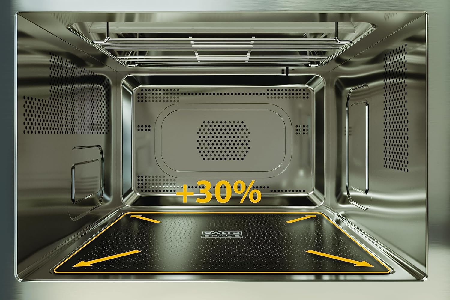 Interior of Bauknecht MF 255 B microwave oven showing the 'Extra Space' feature with arrows indicating increased area.