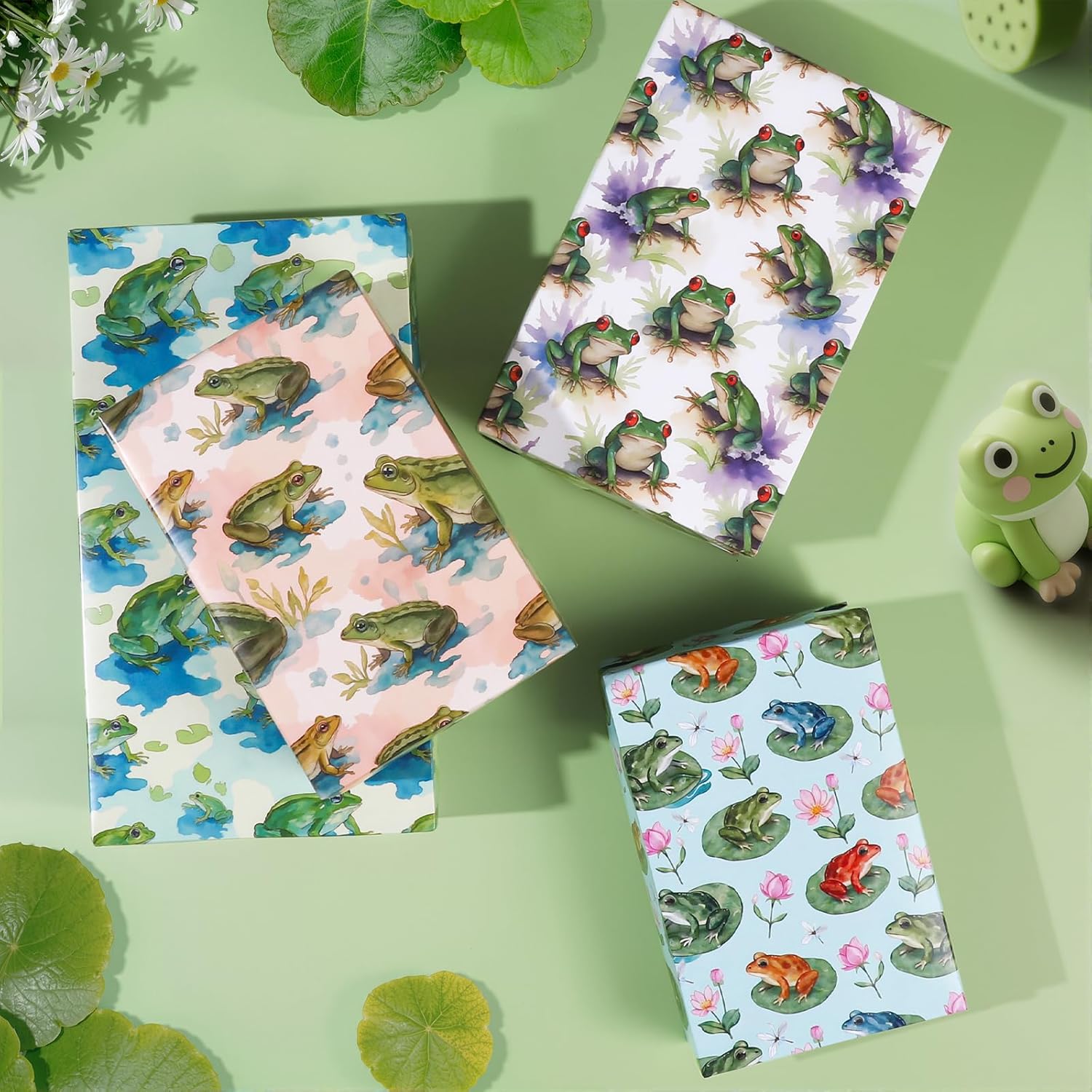 Pineraap Watercolor Frog Wrapping Paper 12 Sheets Lotus Designs Animal Gift Wrap for Frog Lovers, Birthday, Baby Shower, 20"×28" - Image 5