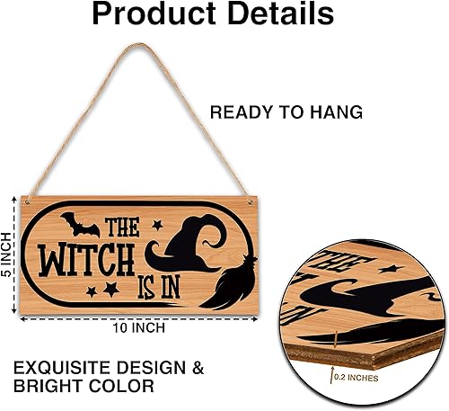Miniatura 2 de Wswood-A13 - Decoración de terror de Halloween con texto en inglés "The Witch is in Halloween", letrero de puerta de madera para puerta delantera,