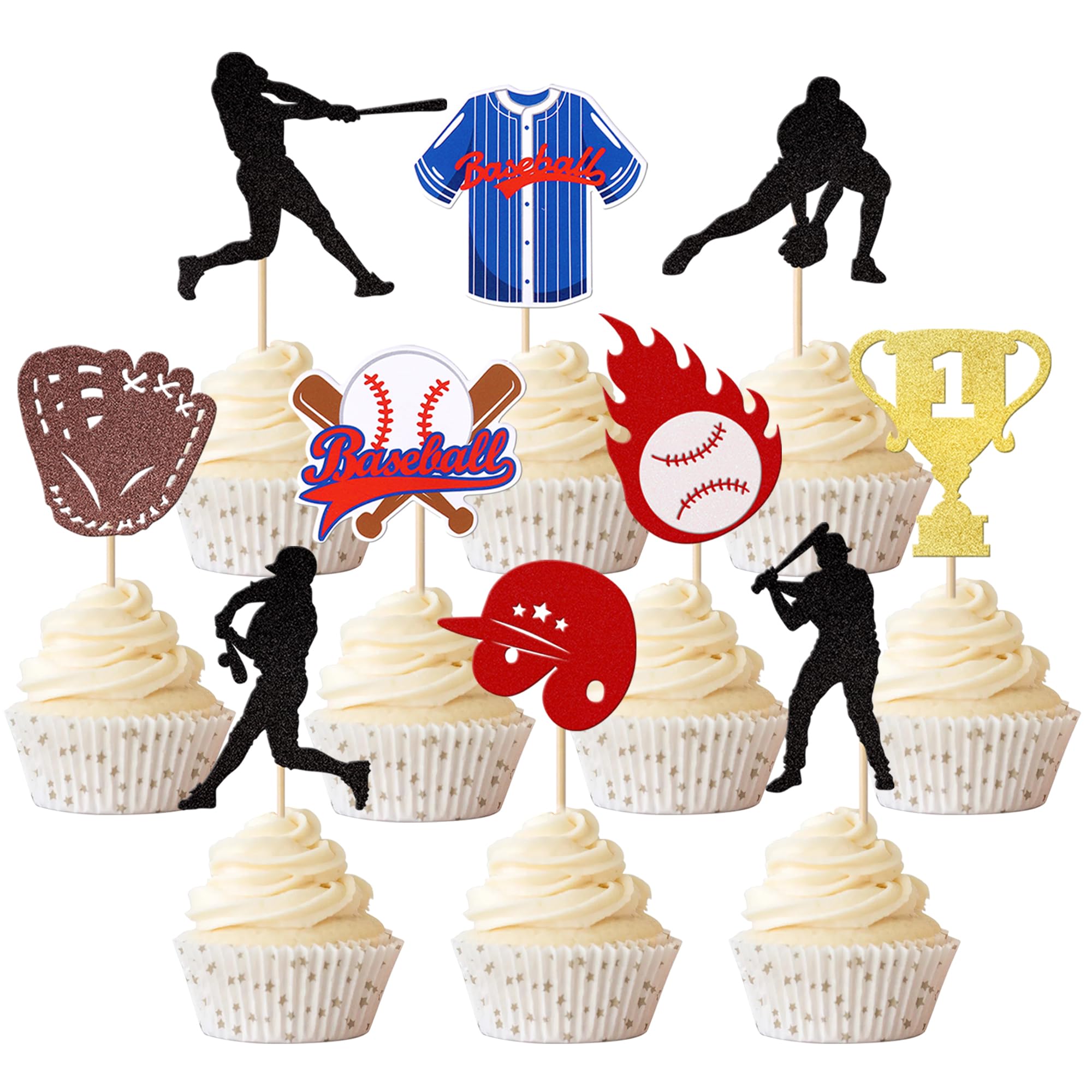 Rsstarxi 30 Pack Baseball Cupcake Toppers with Glitter Trophy Baseball Players Sports Ball Cupcake Picks Decor for Baseball Sport Theme Baby Shower Kids Birthday Party Cake Decorations