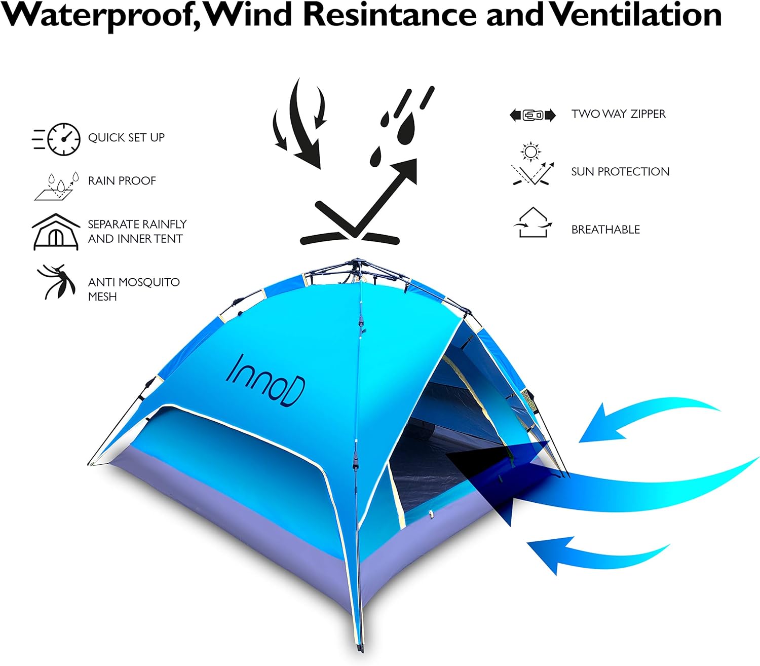InnoD 3 Person Tent, Instant Pop up Dome Tent for Camping with Waterproof Rain Fly, Easy Setup Outdoor Camping Tent & Shelters