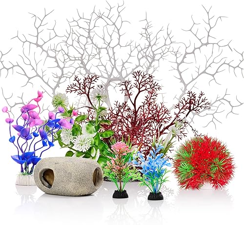Plantas de acuario, pecera artificial, plantas de plástico y resina y decoración de rocas de cueva, decoración de coral falso, color blanco, juego