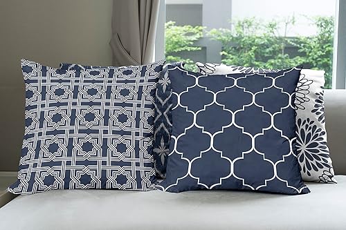 Miniatura 6 de Ambesonne Paquete de 4 fundas de cojín vintage, malla de cuadrícula medieval, adornos de celosía étnica y flores de dalia, acento moderno de