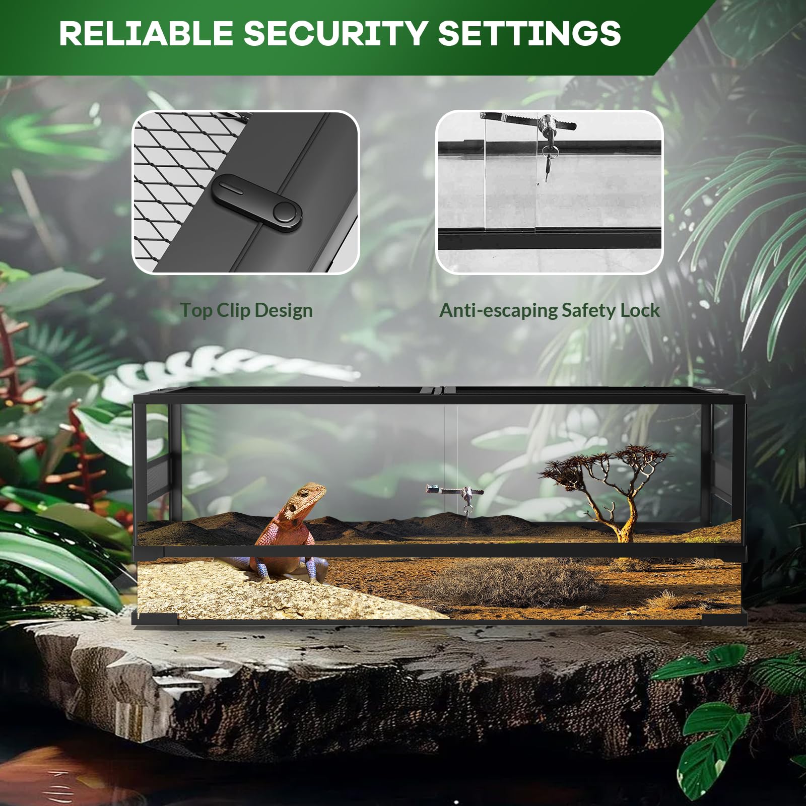 Terrario Horizontal para Reptiles de Vidrio y Aluminio 92x47x47cm con Cerradura, Puerta para Alimentación, Ventilación y Vista a 360° para Serpientes, Lagartos y Tortugas