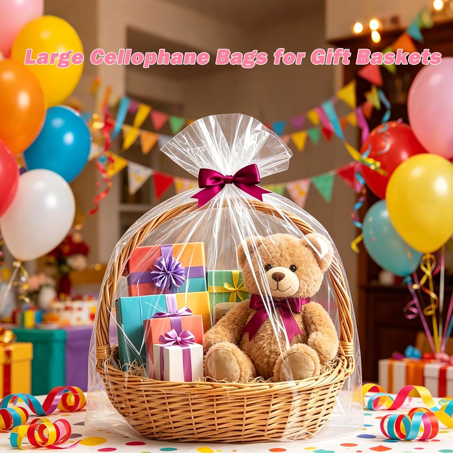 Flasunire Large Cellophane Bags for Gift Baskets - 24 X 30 Inch 10 Pack Clear Gift Bags Cellophane Wrap Bags Plastic Bag with 10 Pack Golden Twist Ties for Wedding Party Birthday Gift Basket Wrapping