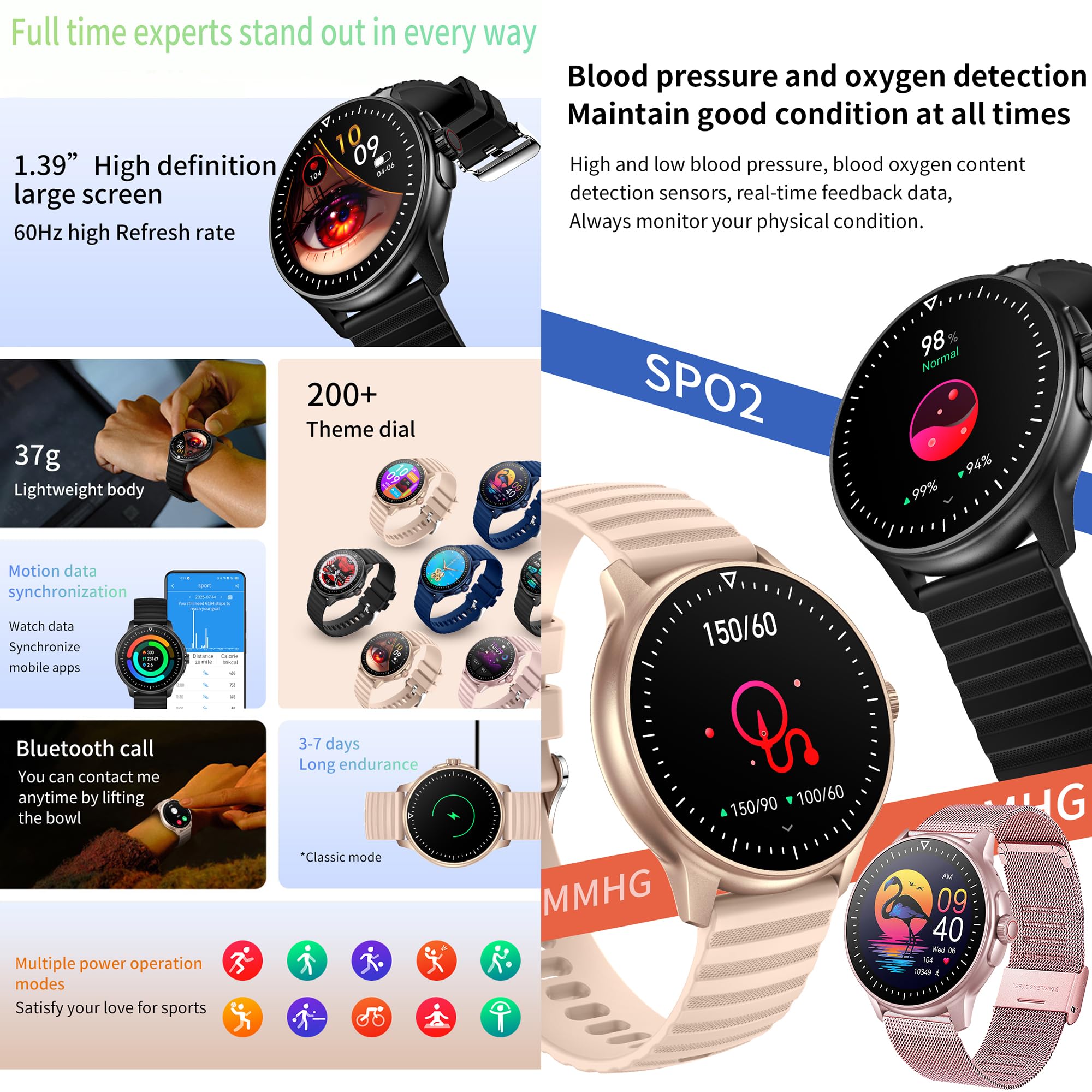 Reloj Inteligente Mujer con Llamadas, 1,39 Pulgada Smartwatch Deportivo con Podometro Pulsometro SpO2 Sueño Presion Arterial Pulsera Actividad 5ATM Reloj Digital para iOS Android (Rosa)
