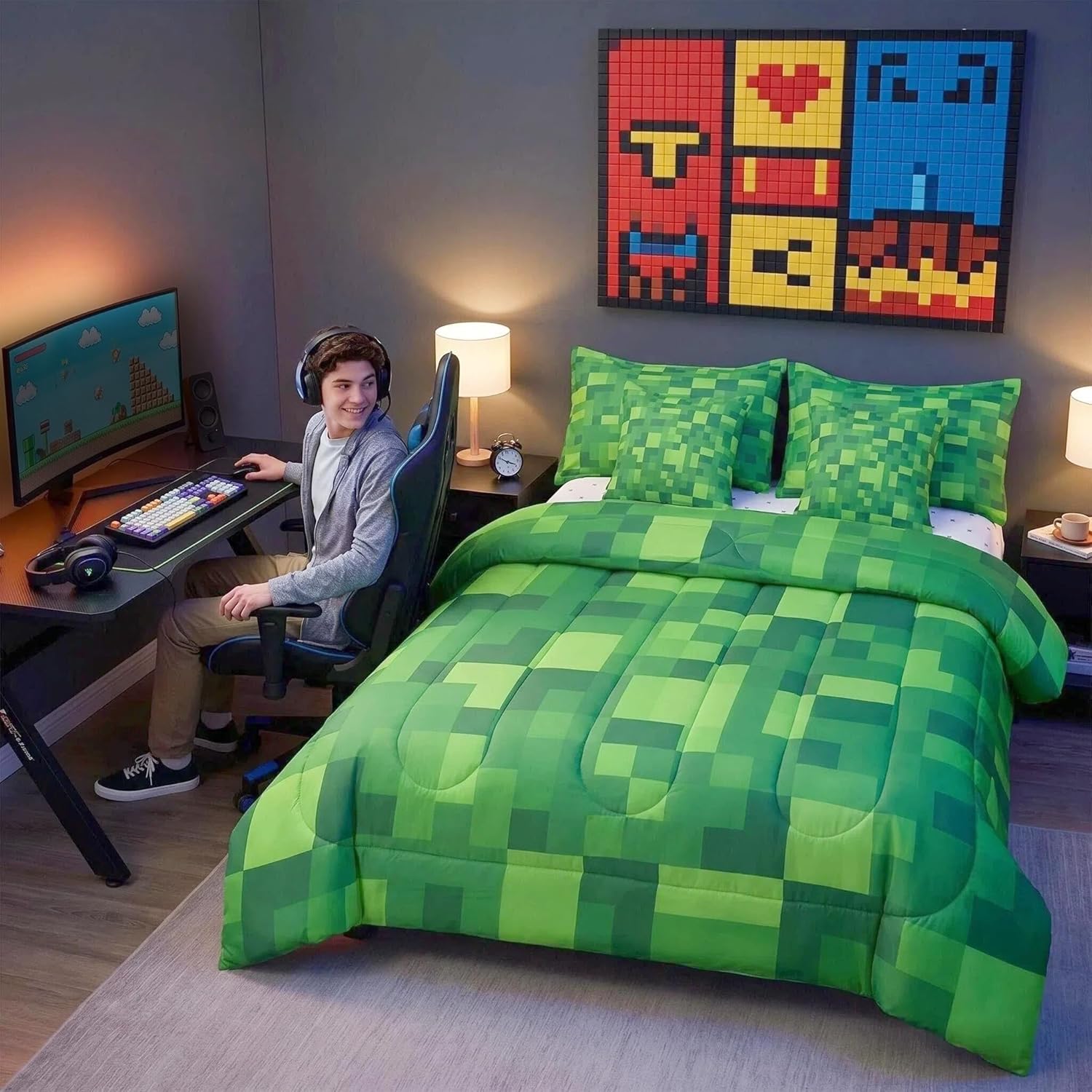 Feelyou Pixel Theme Queen Comforter Set with Sheets for Kids Boys Girls Geometric Square 7 Pieces Bedding Set Gamer Bed in a Bag Mosaic Room Decor Green Soft Lightweight Microfiber