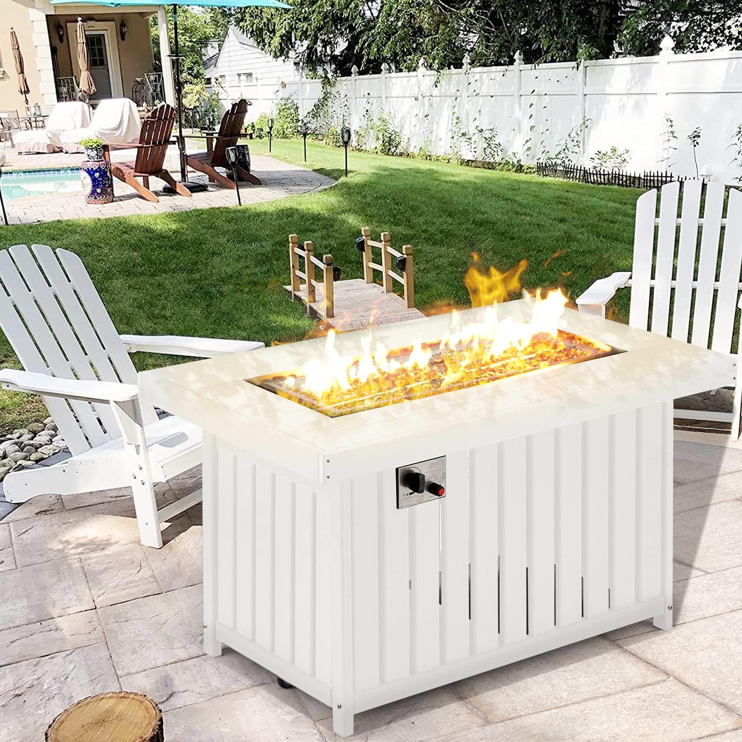 EROMMY Propane Fire Pit Table, 43 Inch HDPE Smokeless Gas Fire Pit with Lid and Fire Glass, 50,000 BTU Firepit, Add Warmth and Ambience to Gatherings and Parties, CSA Certification, White