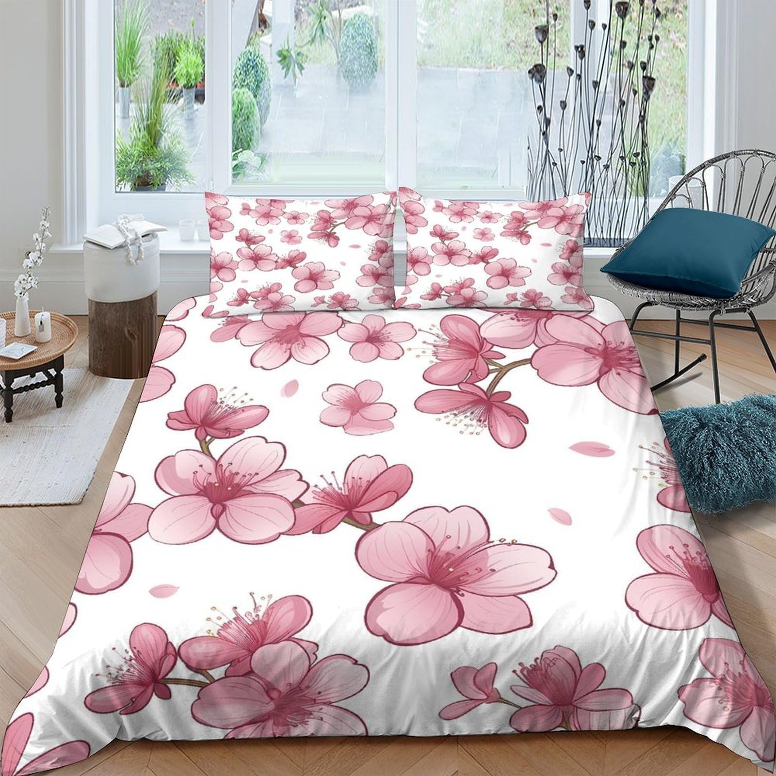 GPLZQXKJNH 3D Printed Pink Sakura Duvet Cover Microfiber Soft Breathable Cherry Blossom Bedding Set with 2 Pillowcases for Bedroom Decor Single（135x200cm）