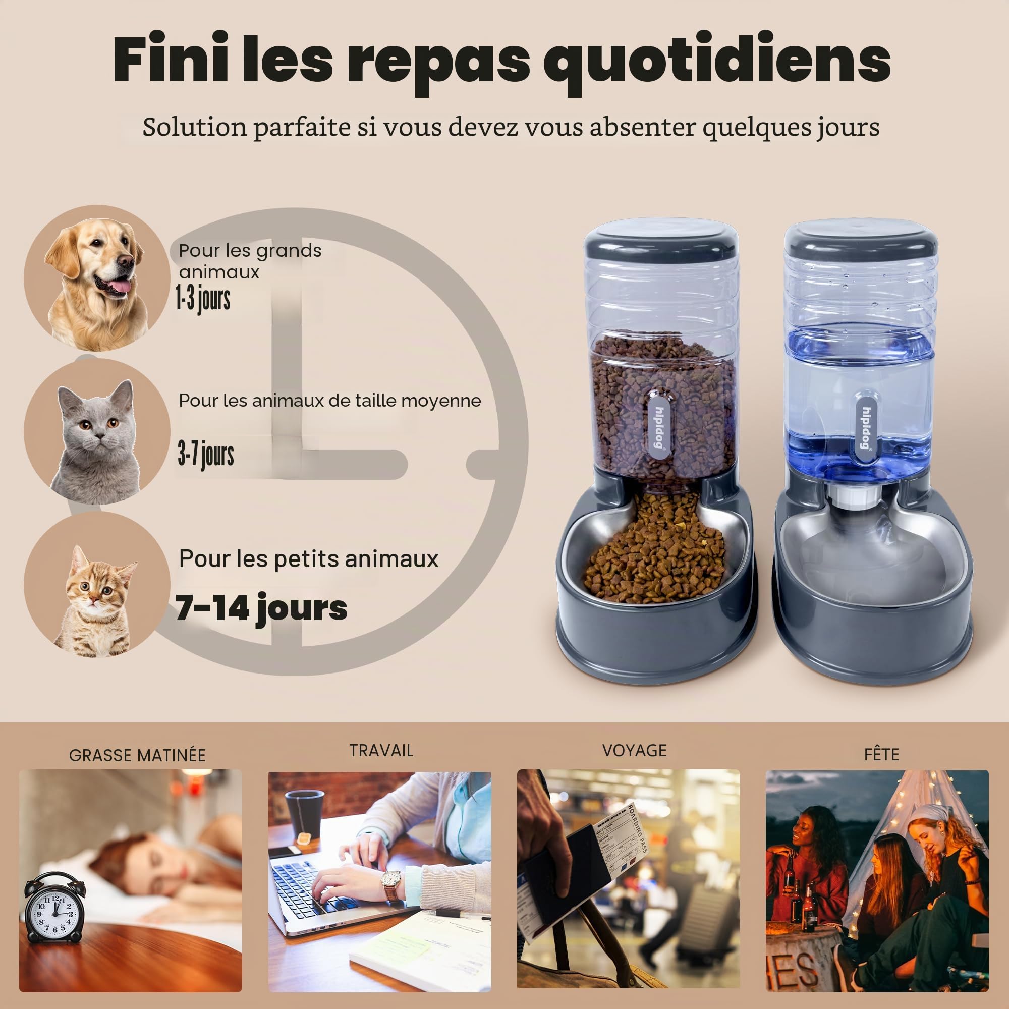 Distributeur Automatique de Nourriture et d'eau pour Animaux domestiques de Petite et Moyenne Taille 3,8 L (Gray)