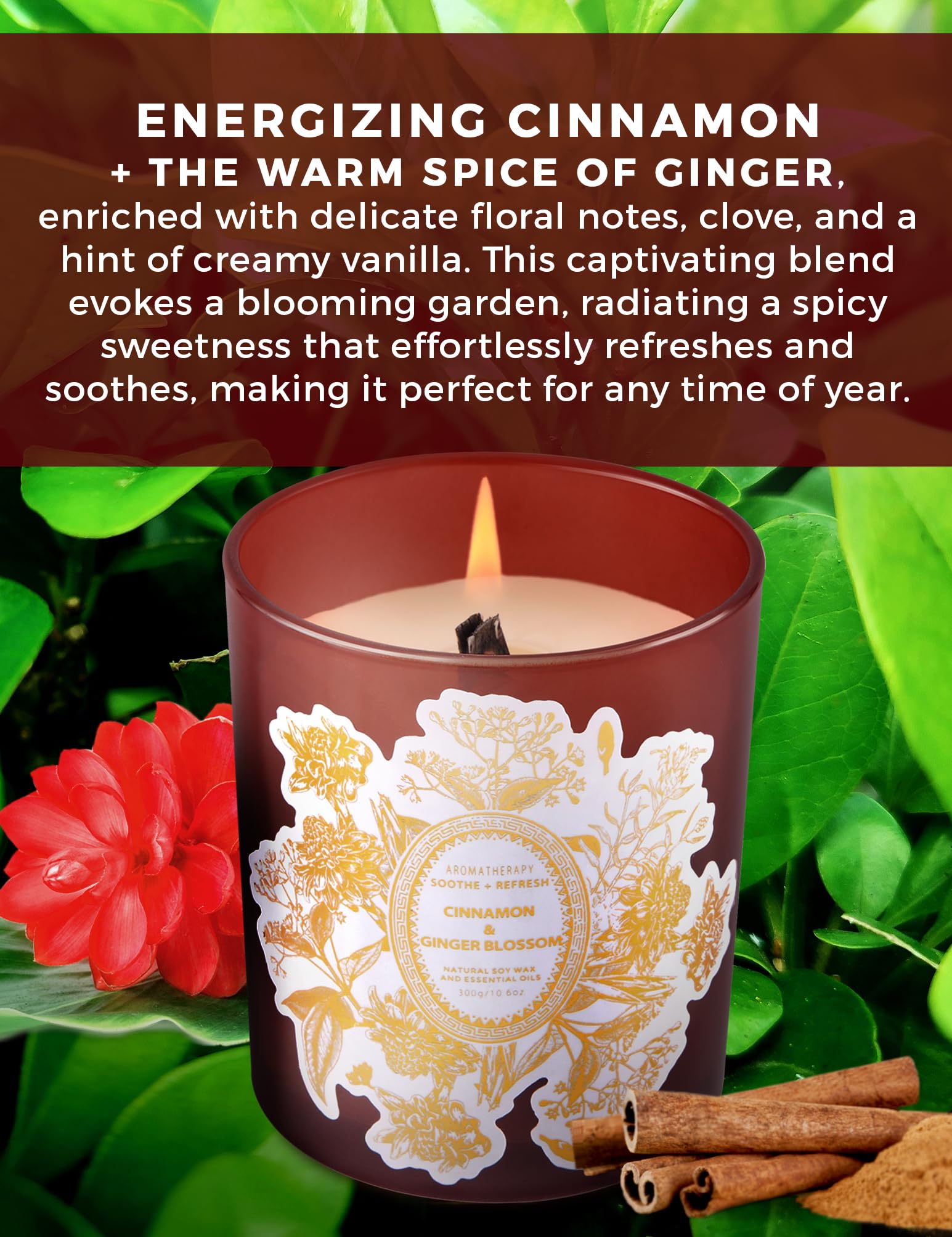 Candela alla cannella e fiori di zenzero, candele primaverili per la casa, candele di soia naturali bruciate pulite, grandi candele in legno altamente profumate, per aromaterapia, antistress, regalo