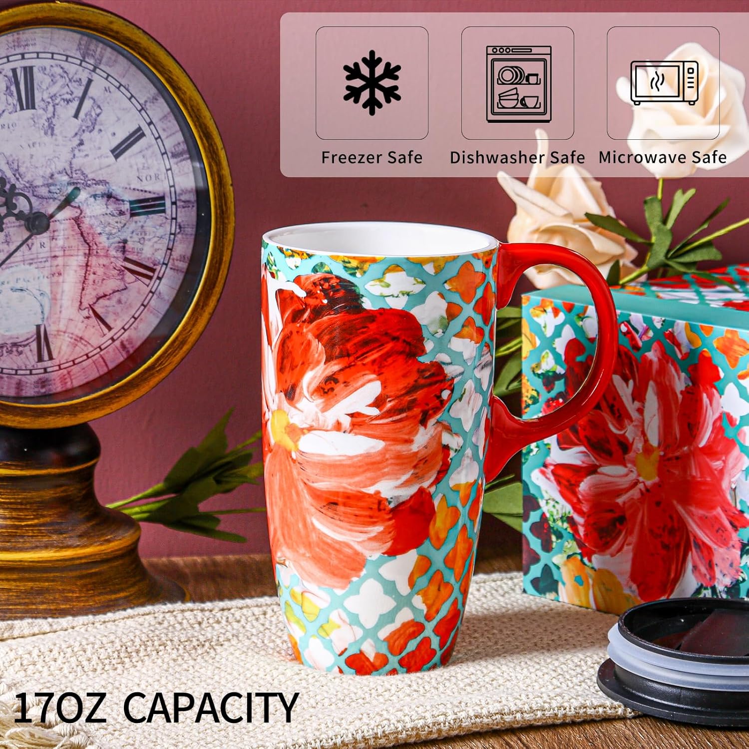 Topadorn Ceramic Coffee Mug Travel Cup Gift with Lid 17oz., Porcelain Tall Tea Cup with Handle for Home & Office, Red Flower Art Pattern Gift Mug, 6.5''H - Image 6