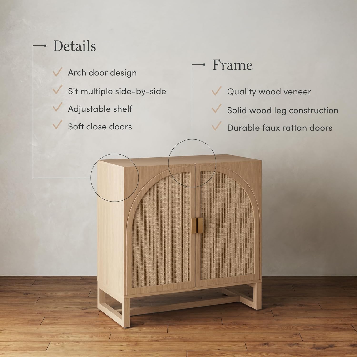 Nathan James Paxton Mid-Century Modern Wood Storage Cabinet with Doors, Arched Storage Cabinet for Living Room or Kitchen with Rattan Door Details, Raw Oak