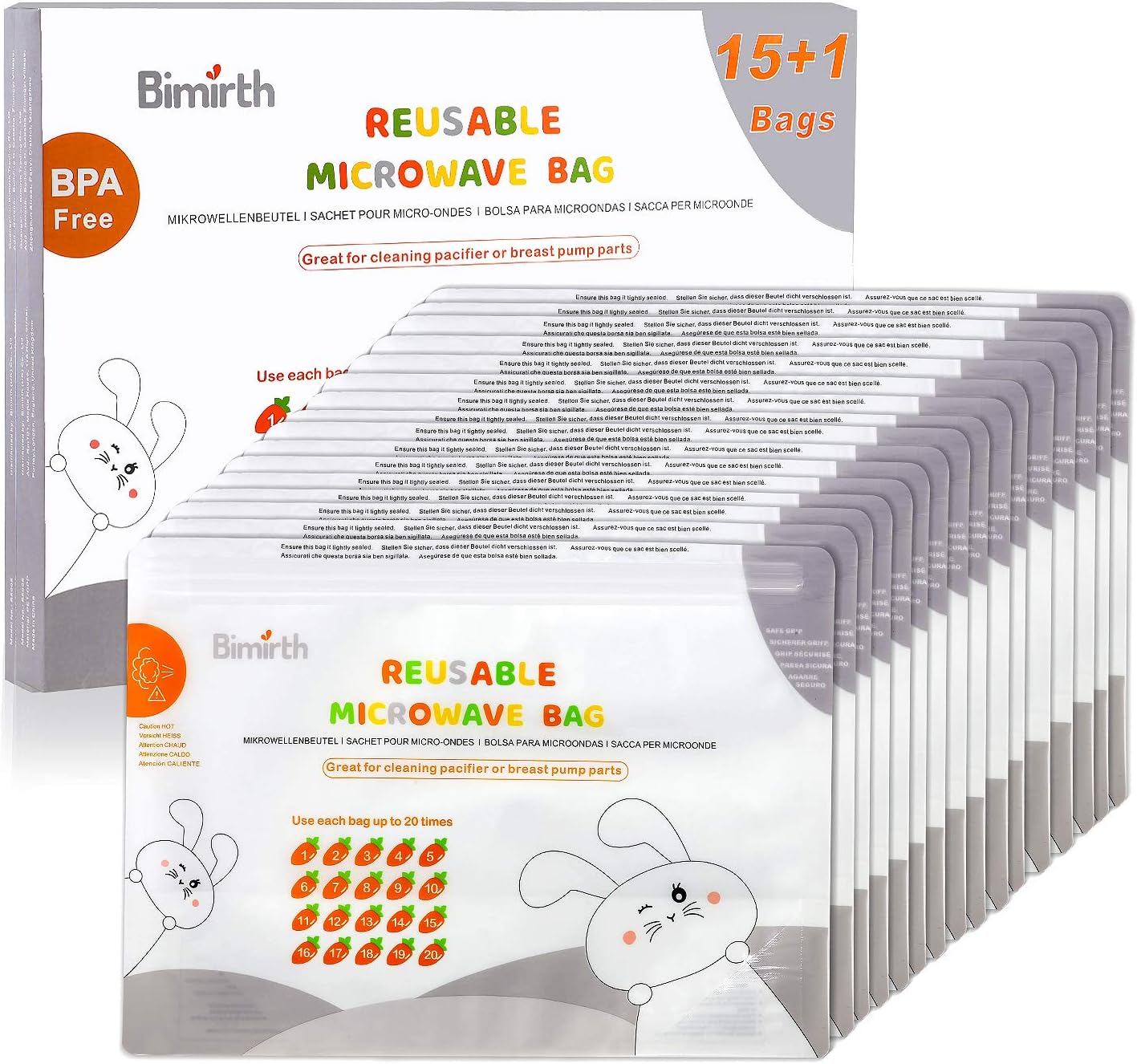 BimirthMicrowave Steriliser Bags, Steam Steriliser Bags, Pack of 16 Reusable, Cleaning Baby Bottles, Pacifier, Teethers & Training Cups, 20 Uses Per Bag, Only 3 Minutes, Marking System, Chemical Free