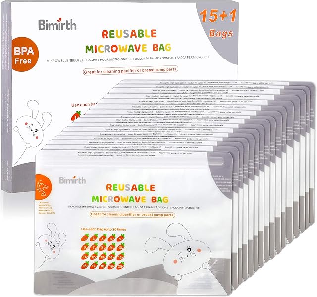 Bimirth Microwave Steriliser Bags, Steam Steriliser Bags, Pack of 16 Reusable, Cleaning Baby Bottles, Pacifier, Teethers & Training Cups, 20 Uses Per Bag, Only 3 Minutes, Marking System, Chemical Free