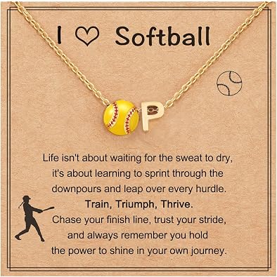 Initial A-Z Softball Necklace for Teen Girls, Personalized Softball Stuff Pendant Necklace for Team Lovers Daughter Player