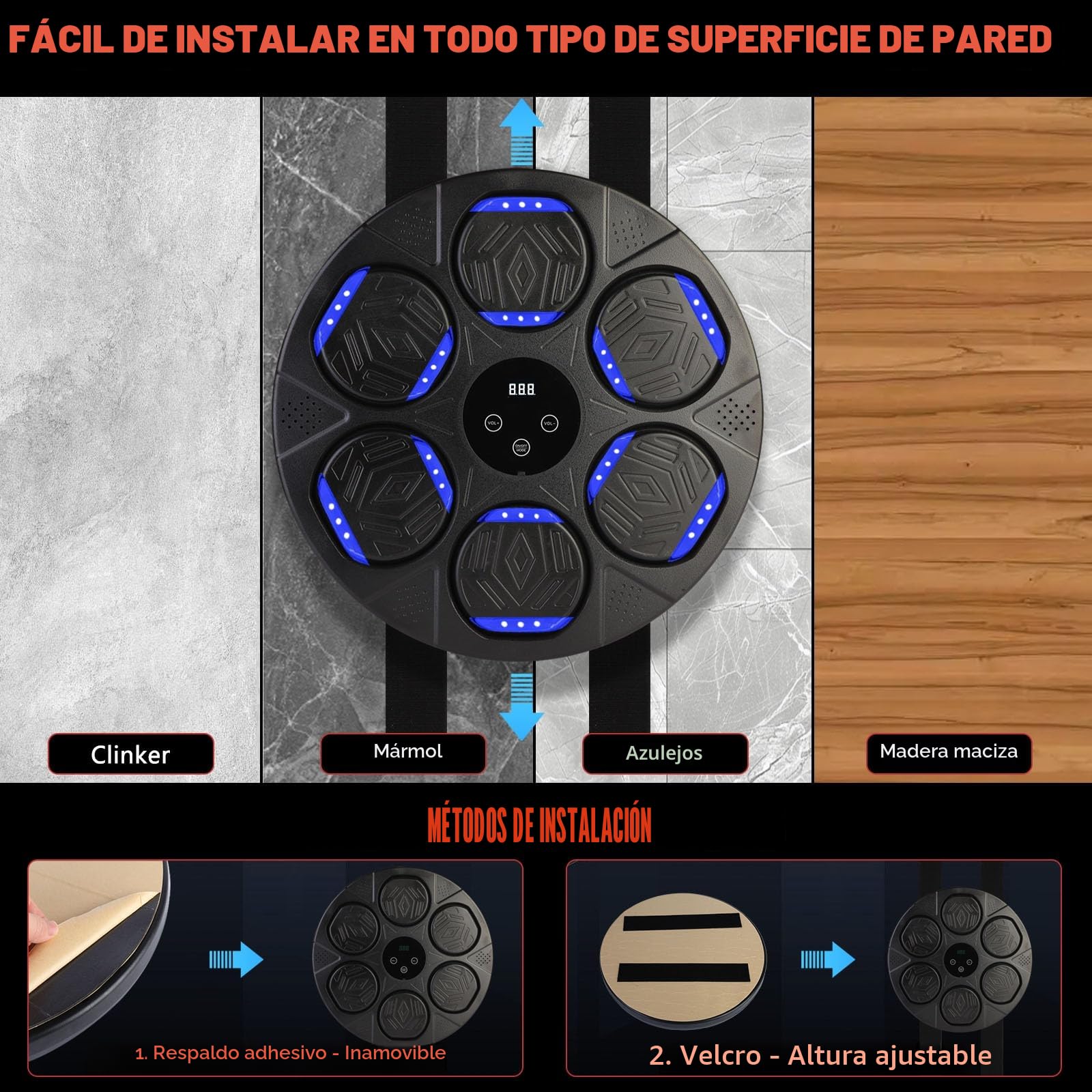 Máquina de Boxeo con Música, Máquina de Boxeo de Montaje en Pared, Entrenador de Boxeo Inteligente Bluetooth con Luz LED, 7 Modos de Velocidad, Guantes de Boxeo para Adultos y Niños para