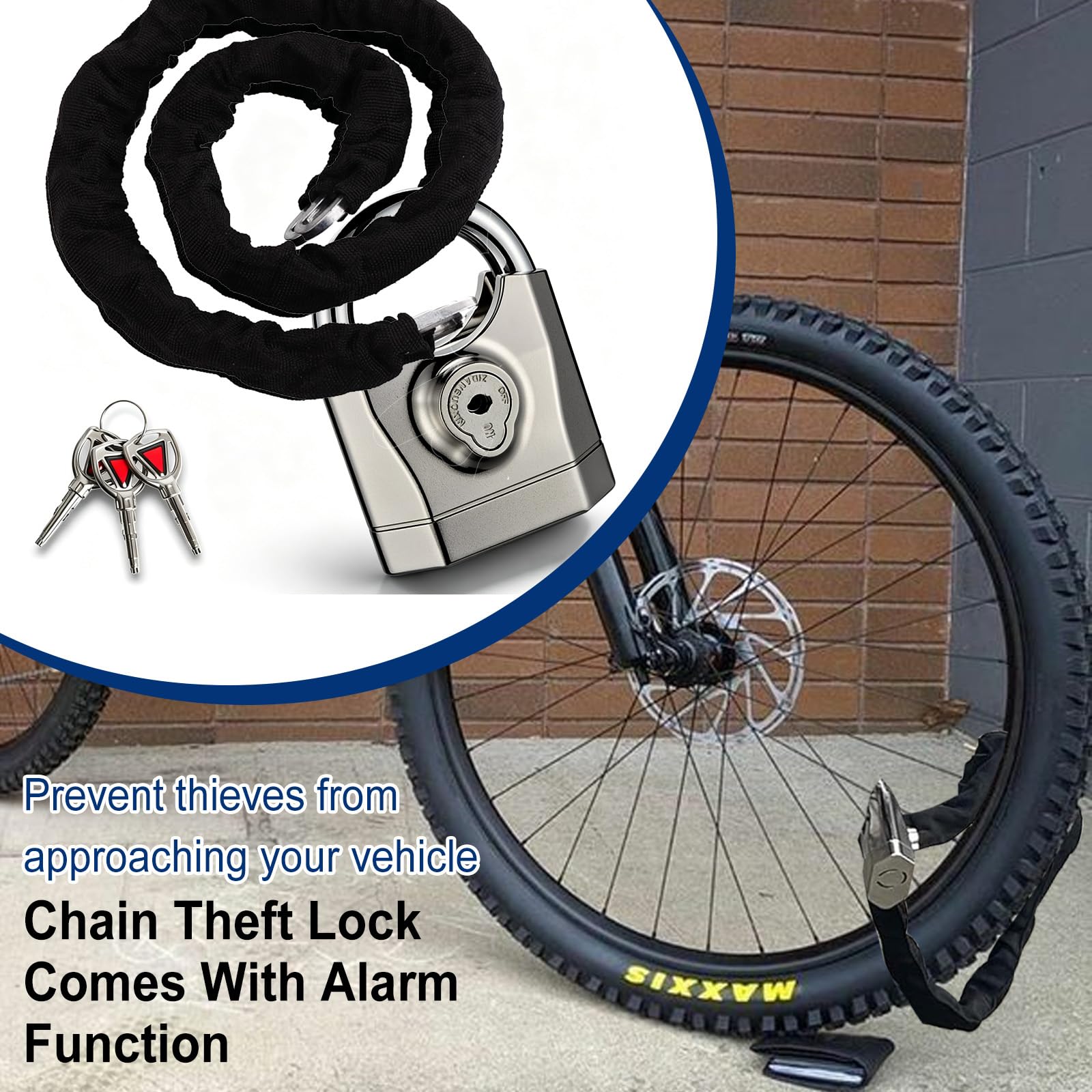 Lucchetto per bicicletta con allarme, 130 DB, sistema di allarme per bicicletta, 100 cm, con mini lucchetto ad archetto, diametro 12 mm