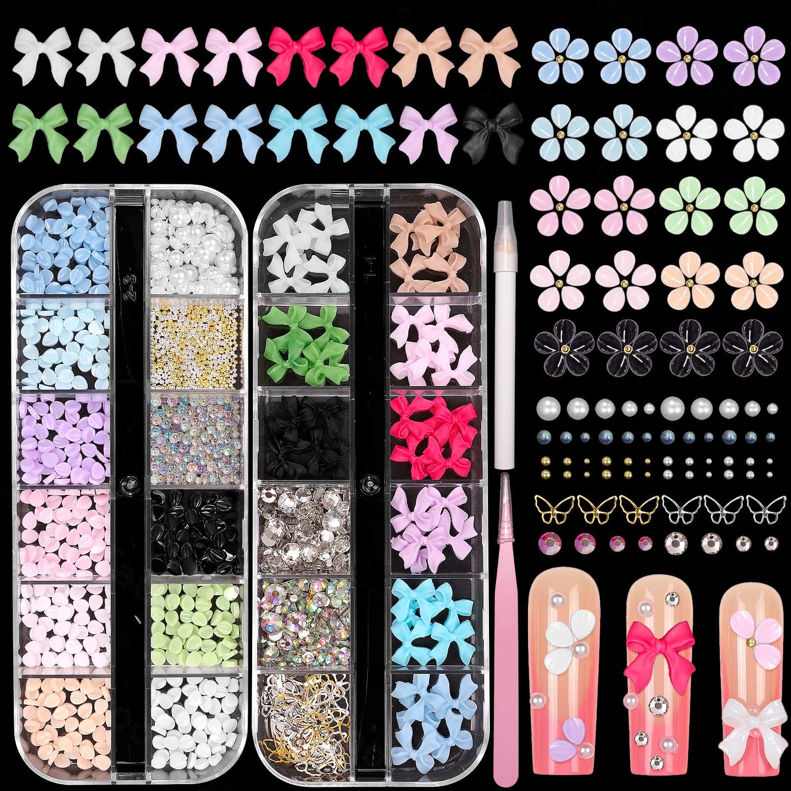 3D Flower Nail Charms and Bows Charms, Colored Bowknot Petal Blossom Beads Pearl Nail Gems Gold Silver Metal Nail Beads, Rivet Gems for Nails Art DIY