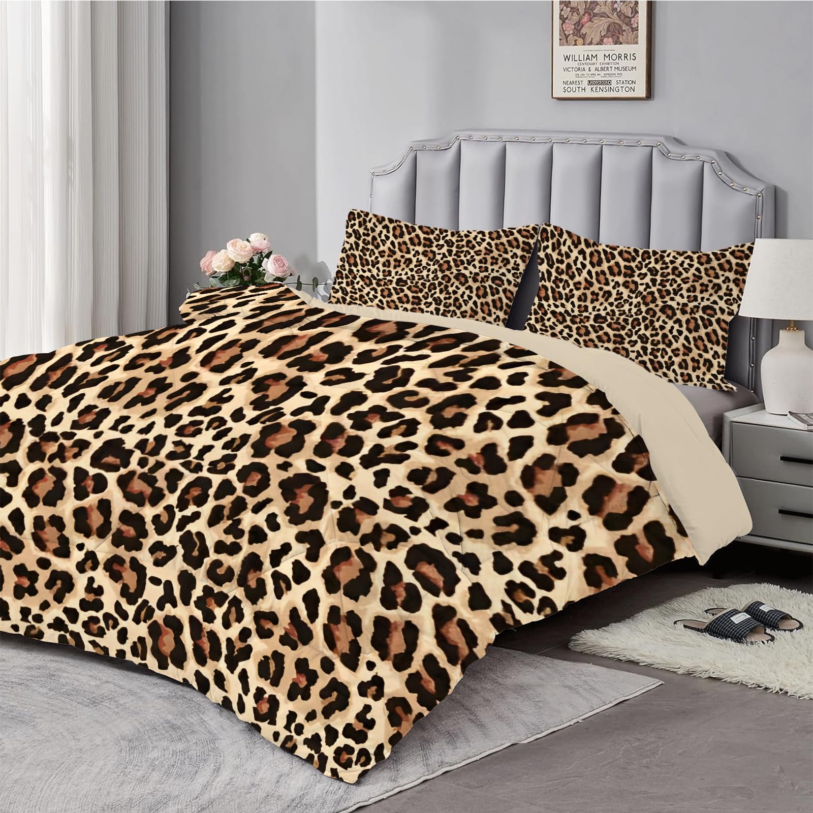 Dyausi Brown Double Duvet - Coverless Duvet With Matching Pillowcase 50X75cm - Reversible Leopard Print Printed Duvet - Lightweight And Washable Duvet Double - Double 200X200cm