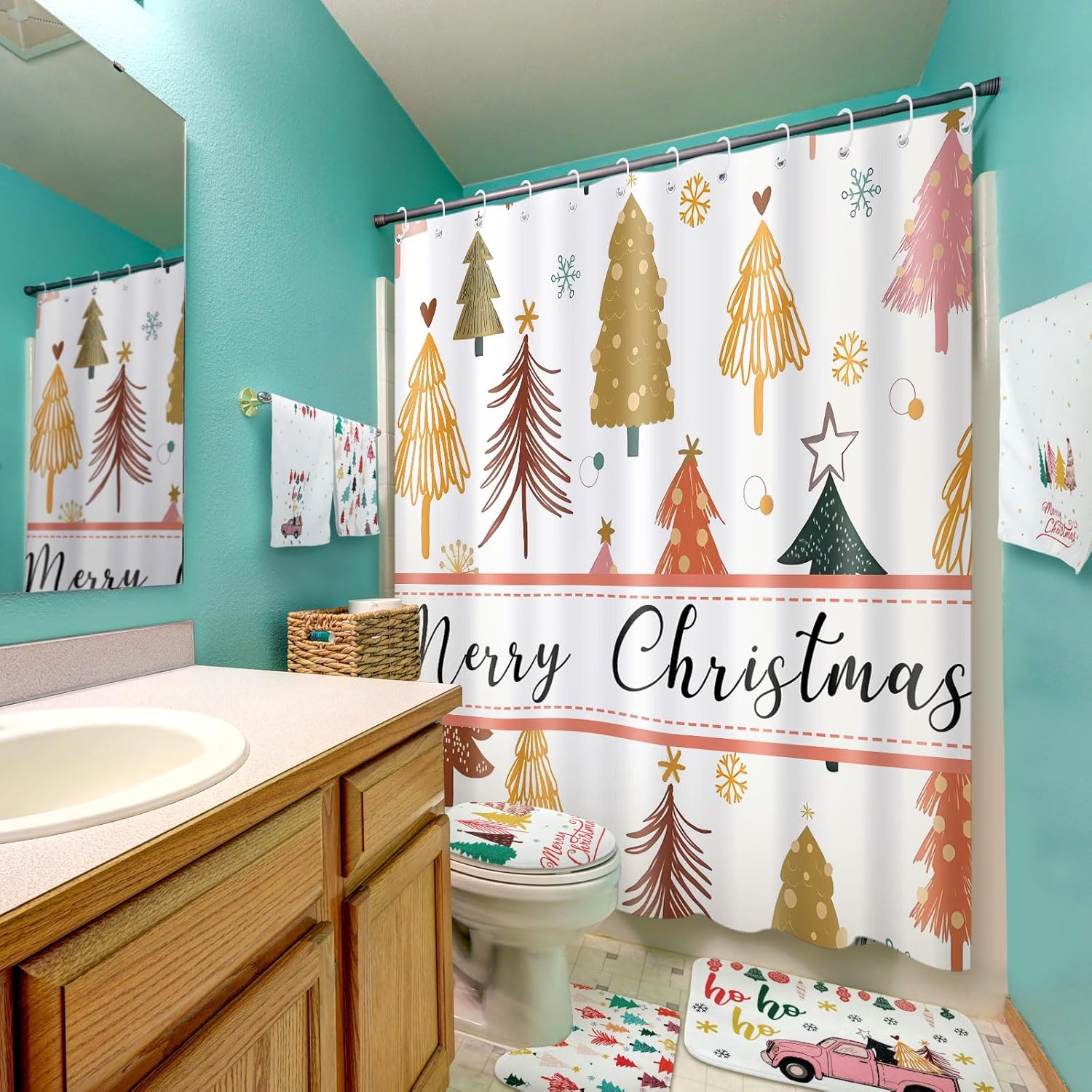 Newwiee 7 Pcs Merry Christmas Shower Curtain Set Christmas Tree Boho Themed Holiday Decor Xmas Tree Bathroom Shower Curtain Mats Towels Toilet Mat Waterproof Bath Accessories, 72x72 Inch
