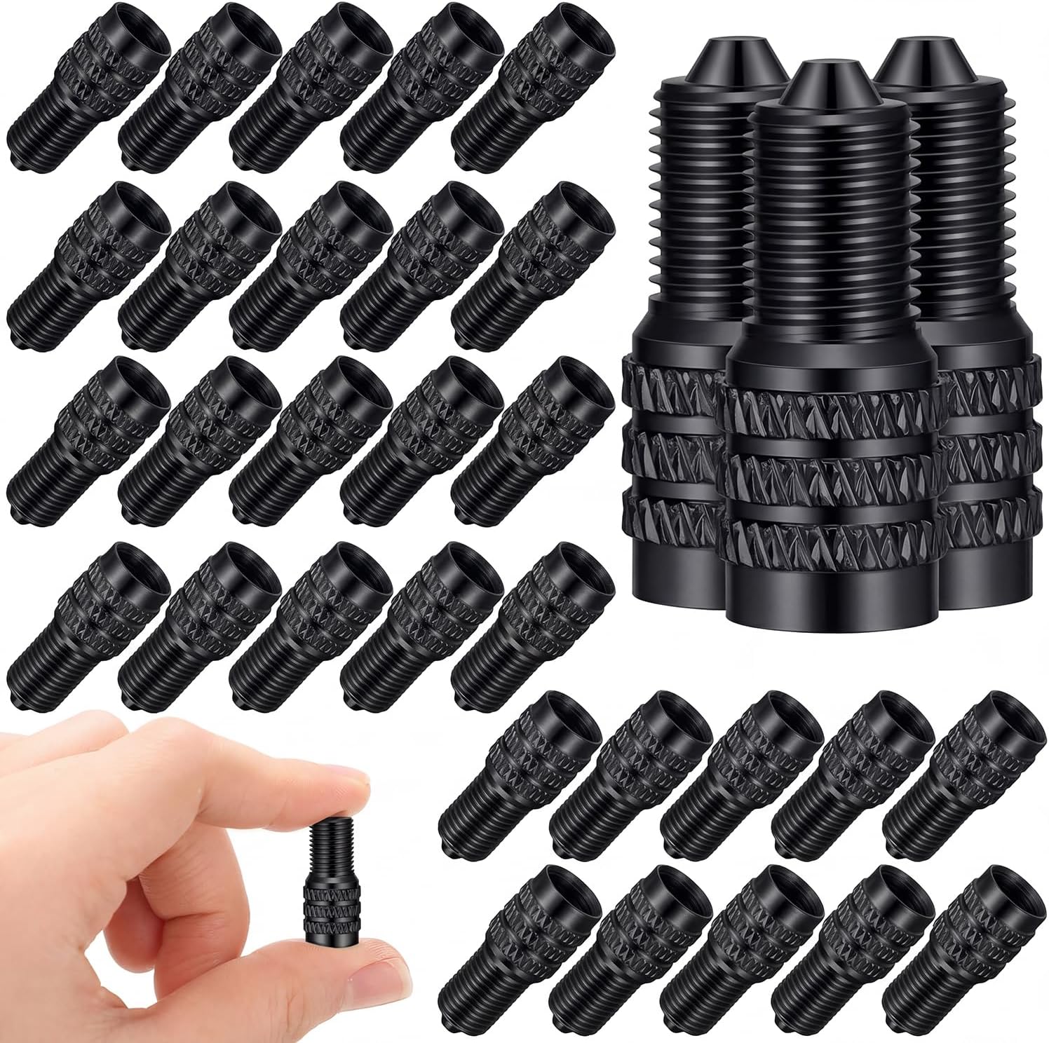 BBTO 32 Pcs Double Seal Tire Valve Stem Caps Inflate Tire Metal Valve Flow Through Tires Air Caps for High Pressure Truck Car RV Semi Bus Tires for Van Trailers Semi Trailer Boats (Black)