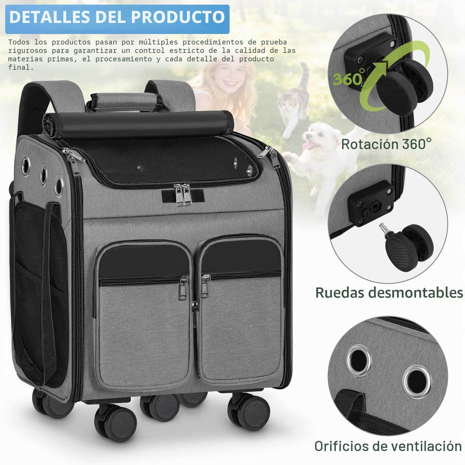 OUUTMEE Con carro 2 en 1 hasta 20 kg, mochila para gatos grande con ruedas, mochila multifuncional, transpirable, gris