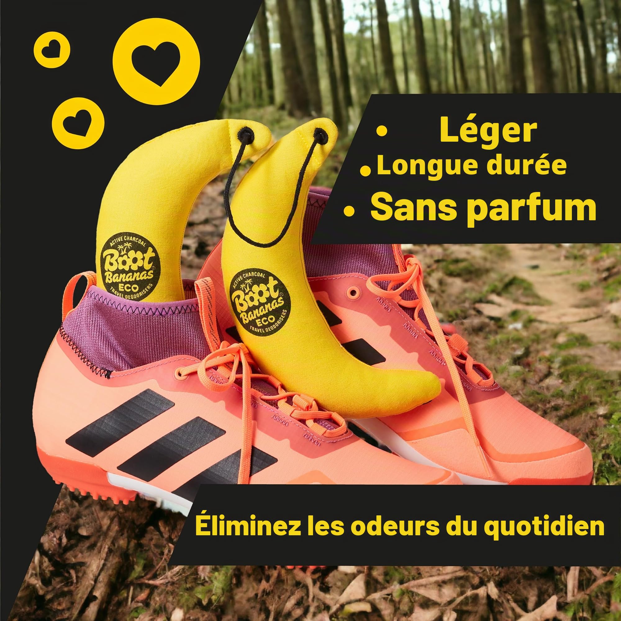 Boot Bananas Eco Travel Désodorisants de voyage – Désodorisants au charbon actif sans parfum pour chaussures, gants et sacs malodorants, légers, compostables, réutilisables – Dure jusqu'à 12 mois