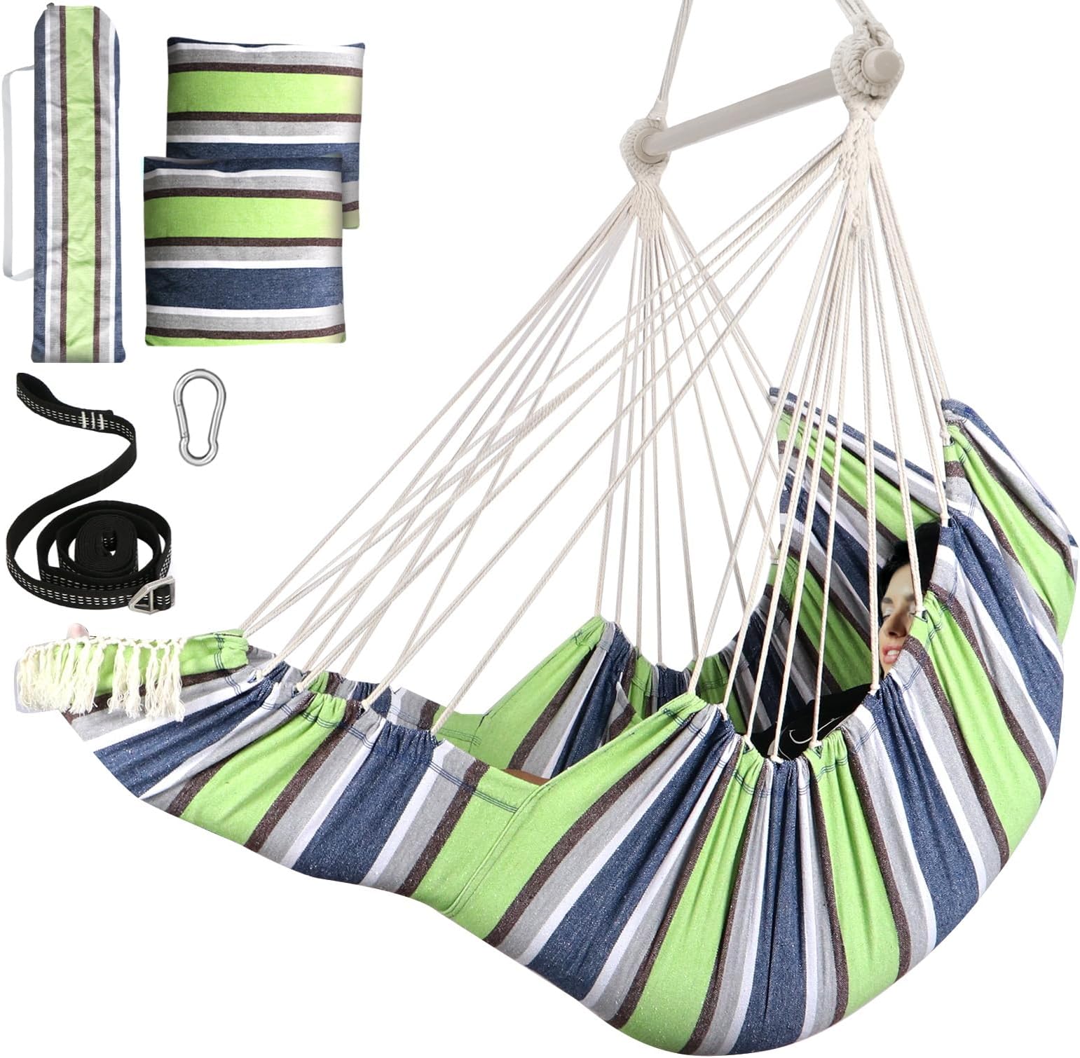 Chihee Hammock Chair Foot Rest Hanging Chair Swing 2 Cushions Strong Strap Carabiner Included,Collapsible Metal Spreader Bar for Durability Easy Storage Soft Cotton Woven Macrame Chair Side Pocket