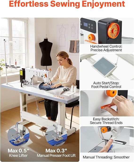 VEVOR Industrial Lockstitch Sewing Machine, 550W Commercial Set with Servo Motor & Table Stand, 5000 SPM High Speed, Metal Frame, LCD Panel, LED Light for Cotton Wool Denim Leather Canvas