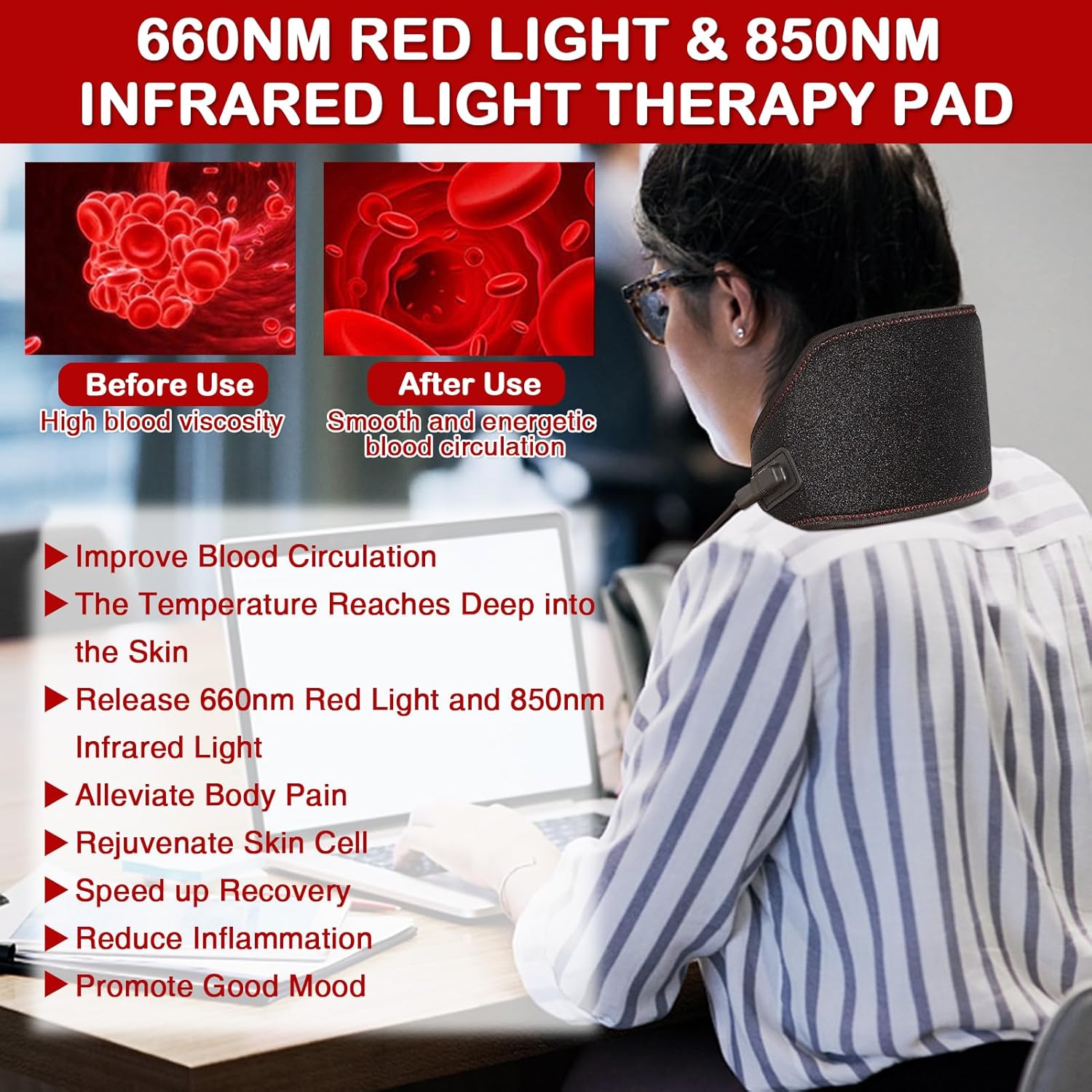 JOBYNA Terapia de luz Roja e Infrarroja para aliviar dolor de cuello, 660nm y 850nm Lmpara de Infrarrojos Cinturon luz Roja Terapia para el cuerpo, Modo de Pulso, Temporizador, Temperatura Ajustable