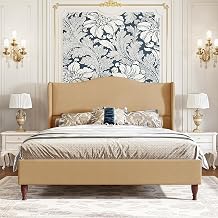 koorlian King Size Bed Frame Upholstered Platform Bed with 51 Tall Fabric Headboard and Wooden Slats Support, Retro Minimalist Style/Fully Upholstered/Easy Assembly, Warm Brown