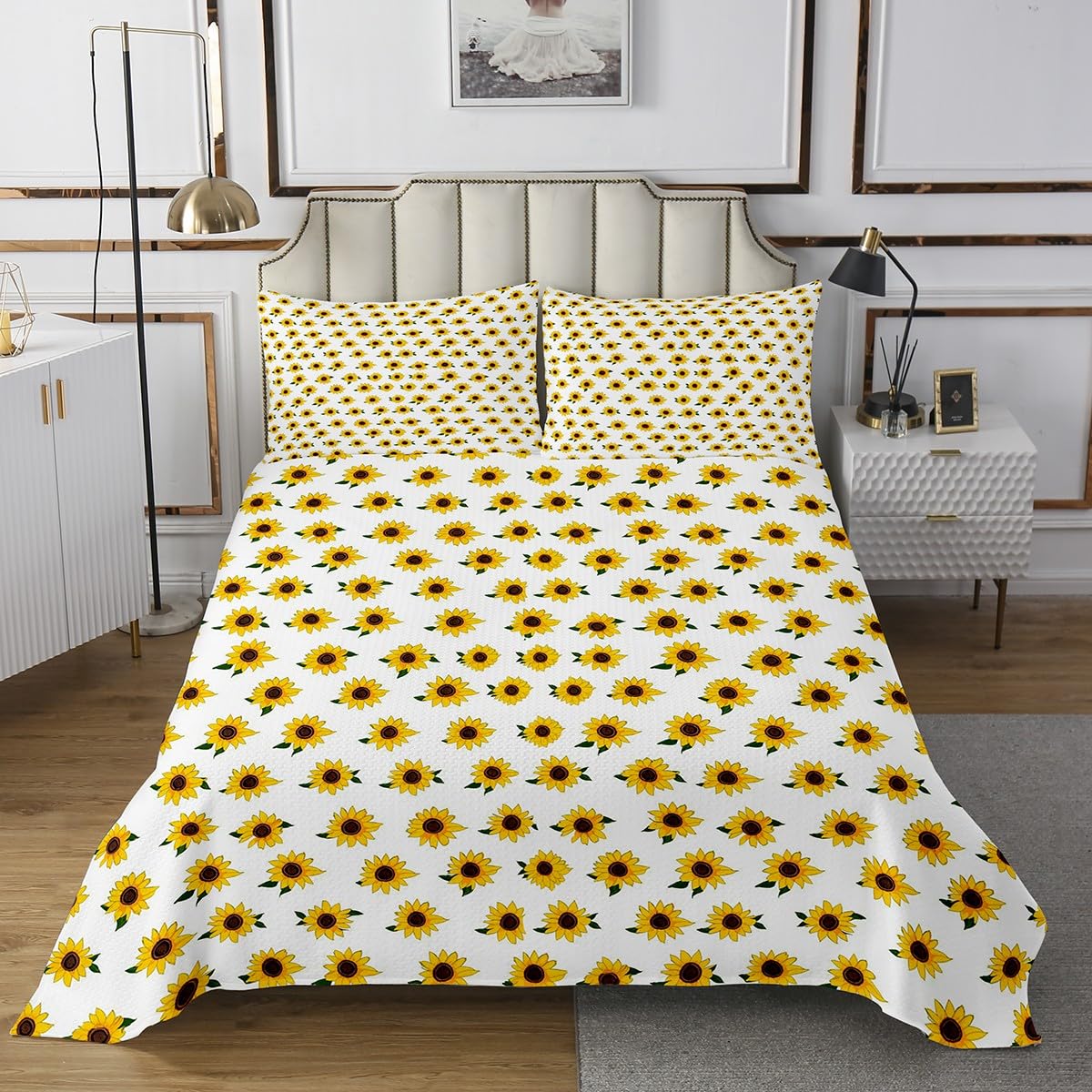 Erosebridal Sunflower Bedspread Set King Size, Simple Flowers Printed Bedroom Decor Quilt Set for Sofa, Florals Botanical Lightweight Kids Teens Coverlet Set, White Yellow Rustic Bedding Set