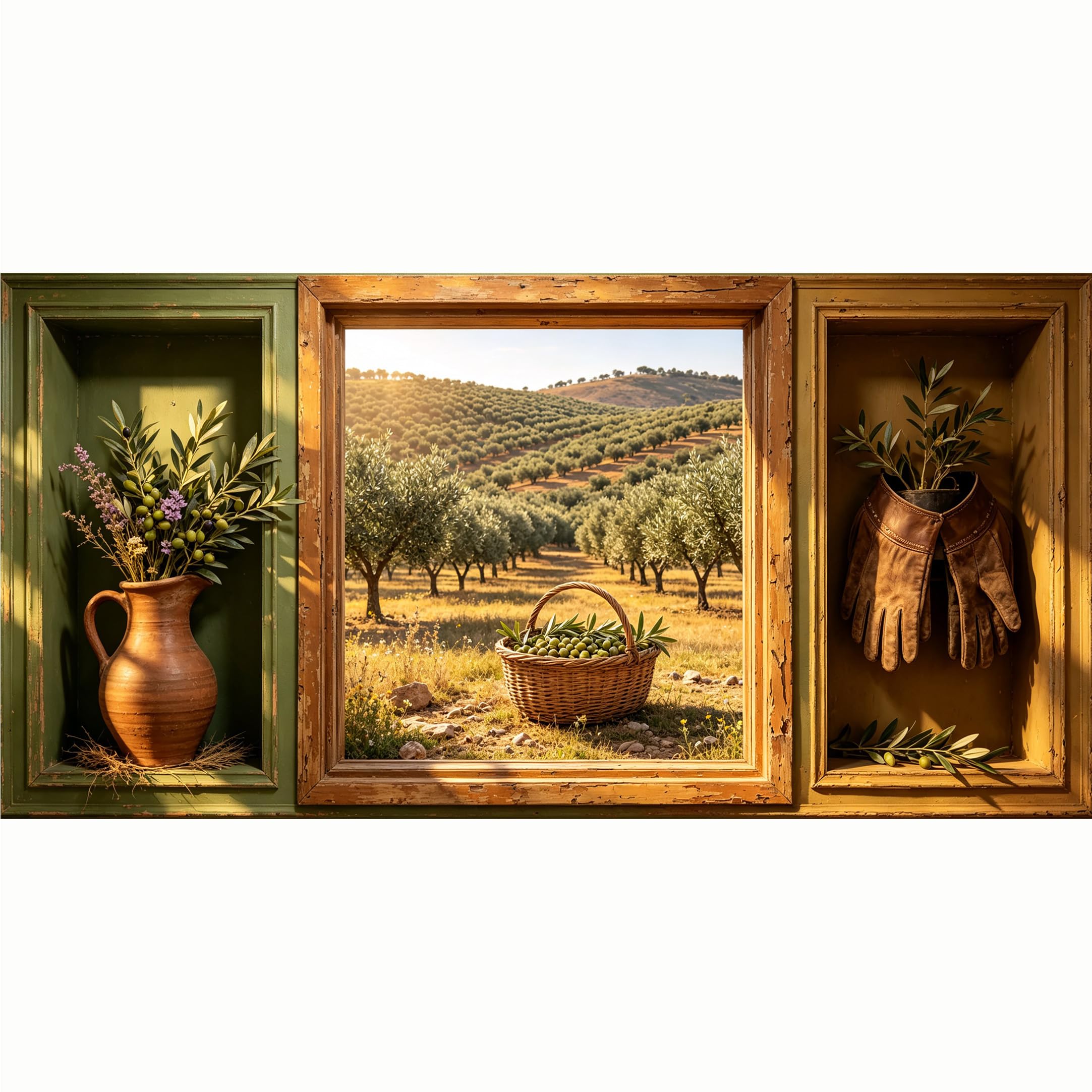 QZLITHOTIC 50x100cm 3D Framed Wall Art， Tuscan Olive Orchard Landscape Self‑Adhesive Mural， Water‑Activated Peel & Stick Fabric Decor Wall Decal for Bedroom Living Room