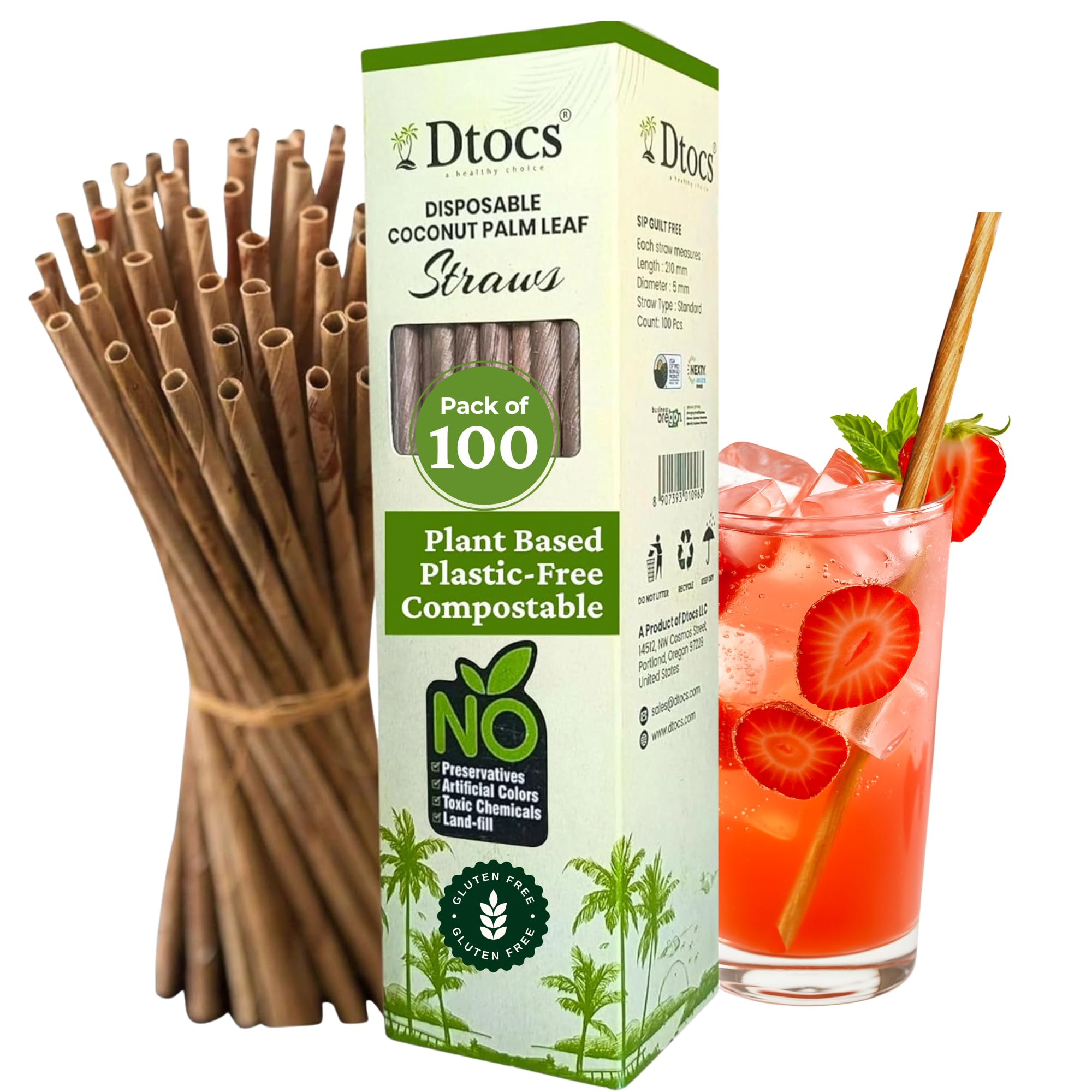 Dtocs Coconut Leaf Straws 8 Inch (100 Pcs.) | Bamboo Straws Look | Eco-Friendly Alternative to Plastic, Silicone, Wood, Paper Straw | Great for Smoothies, Cocktails, and Party Drinks