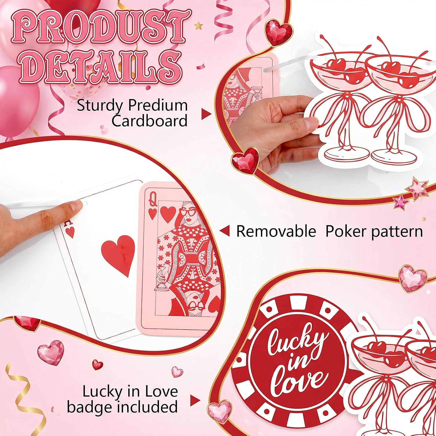 Fanfanwin Lucky in Love Garland Banner, Casino Theme Bachelorette Party Decorations, 15 Pcs Double-Sided Cutouts with 32.8 ft String, Cherry Poker Chip Card Decor for Photo Backdrop Las Vegas Theme