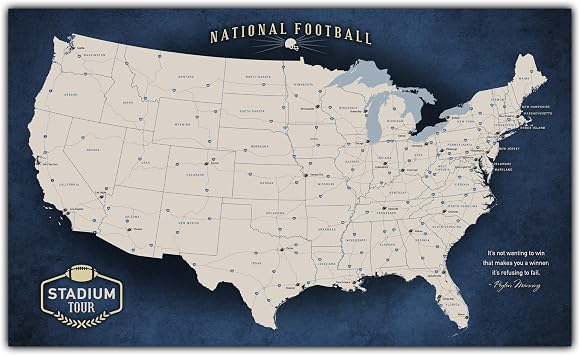 HolyCowCanvas Personalized Canvas Football Stadium Map Tracker with Pins, Metal Footballs, Customized Sports Gift, Push Pin USA Map Navy
