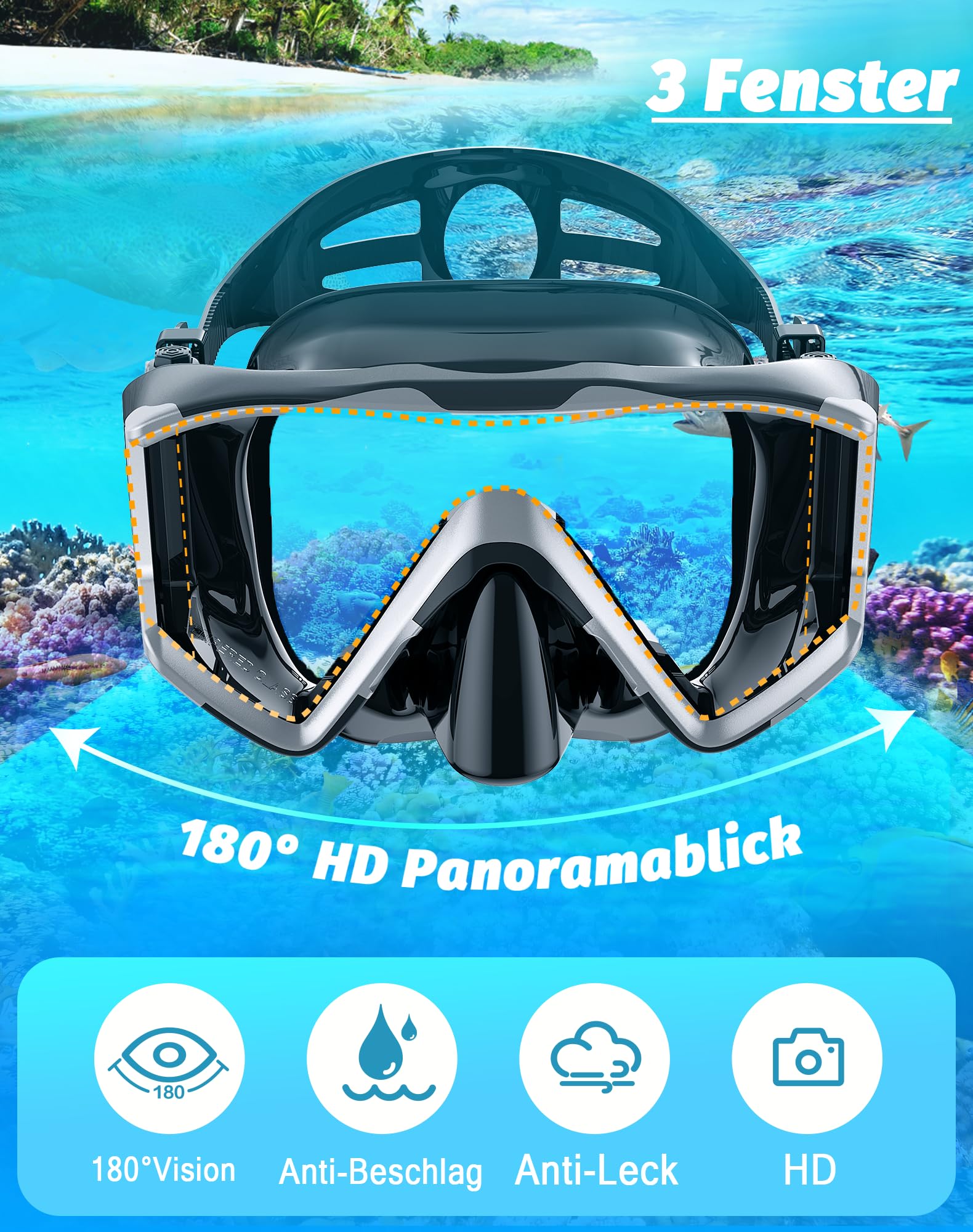 Schnorchelset Erwachsene, Taucherbrille mit Schnorchel, 3-Fenster-Schnorchelmaske Anti-Fog Anti-Leck, Professional Adult Snorkeling Set für Schnorcheln, Schwimmen und Tauchen