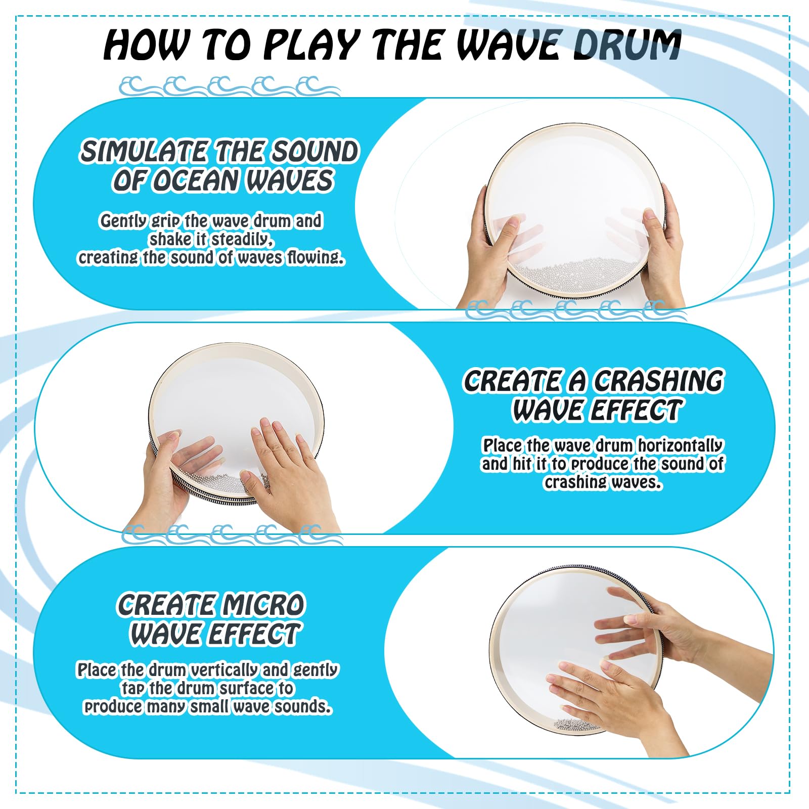 Wellentrommel 2 Stück, Ozeantromme, Trommel Ocean Drum mit Hartholzschale Stahlkugeln Musikinstrument Hand Percussion 10 Zoll, für Meditation & Entspan (10 zoll)