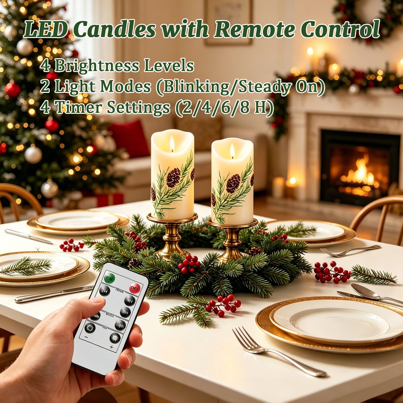Wekity Candele senza fiamma a forma di pigna, 2 candele a pilastro tremolanti a batteria con telecomando, candele elettriche con ago invernale in rilievo 3D, per decorazioni natalizie per la casa e