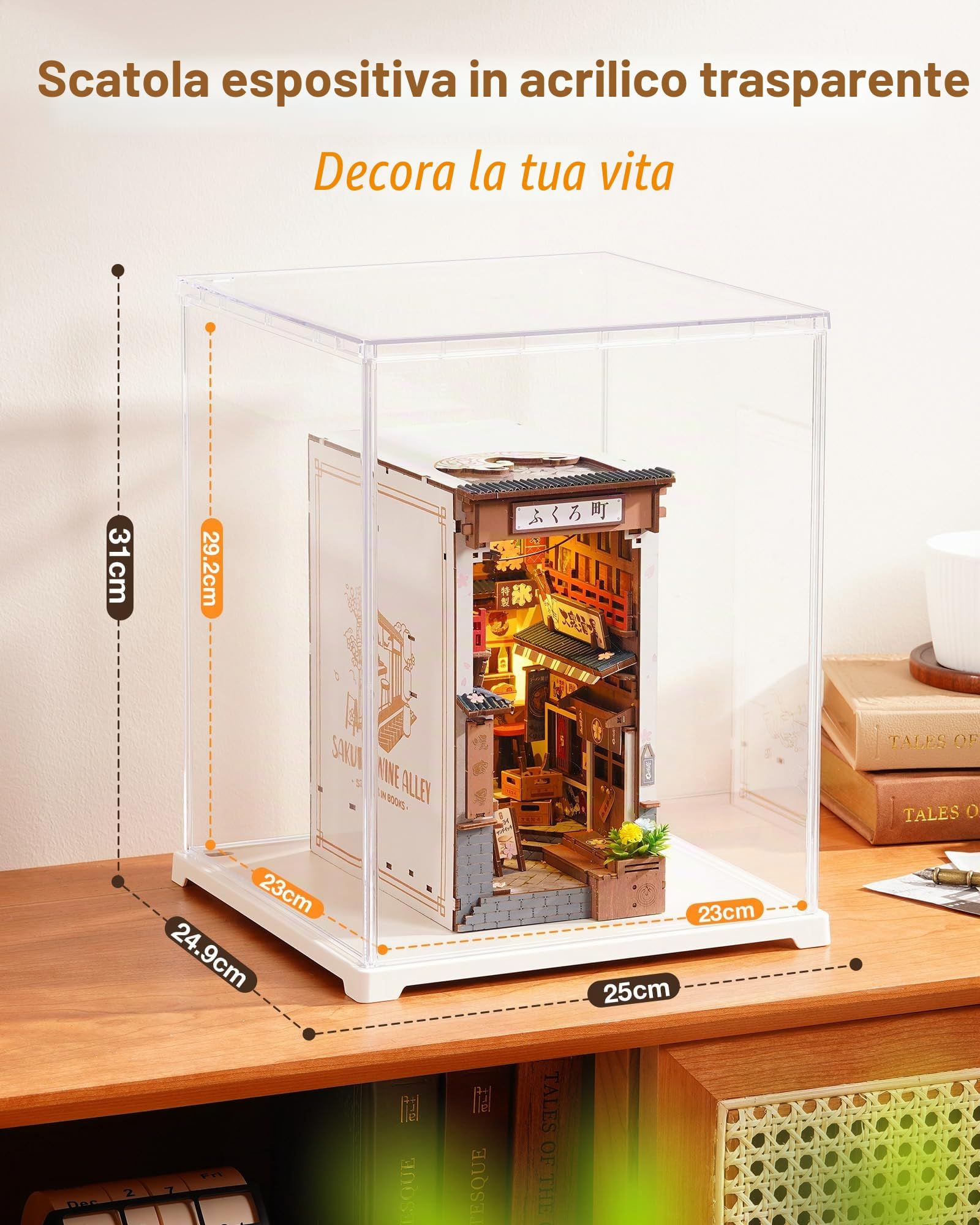 Rolife Vetrina in Acrilico con Passacavo Scatola Espositiva Trasparente per Book Nook, Puzzle 3D, Action Figure e Modelli Miniatura LED (23x23x29,2 cm)