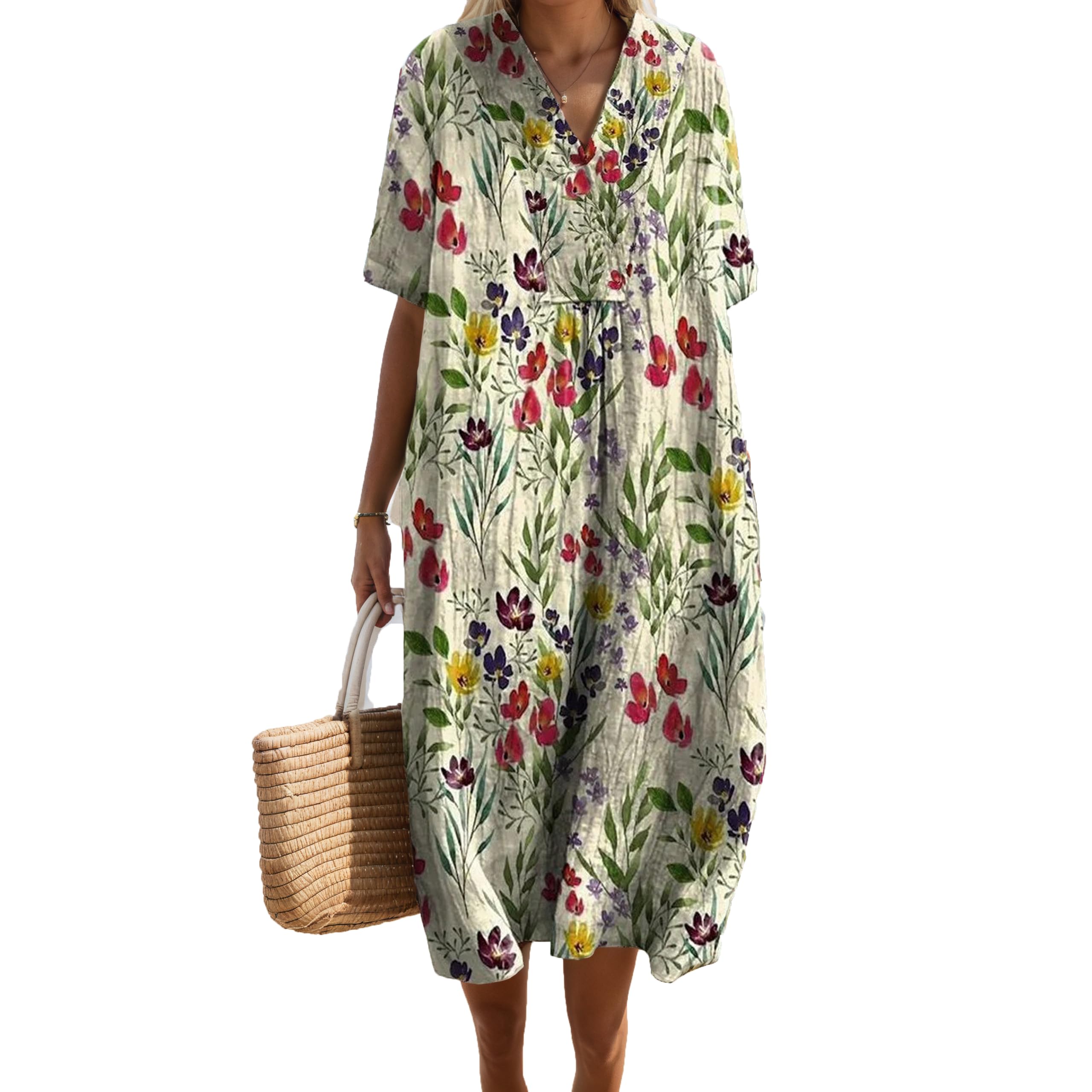 Akivide Womens Summer Oversized Boho Floral Print V Neck Midi Dress Oversized Loose Casual Long Dresses with Pockets