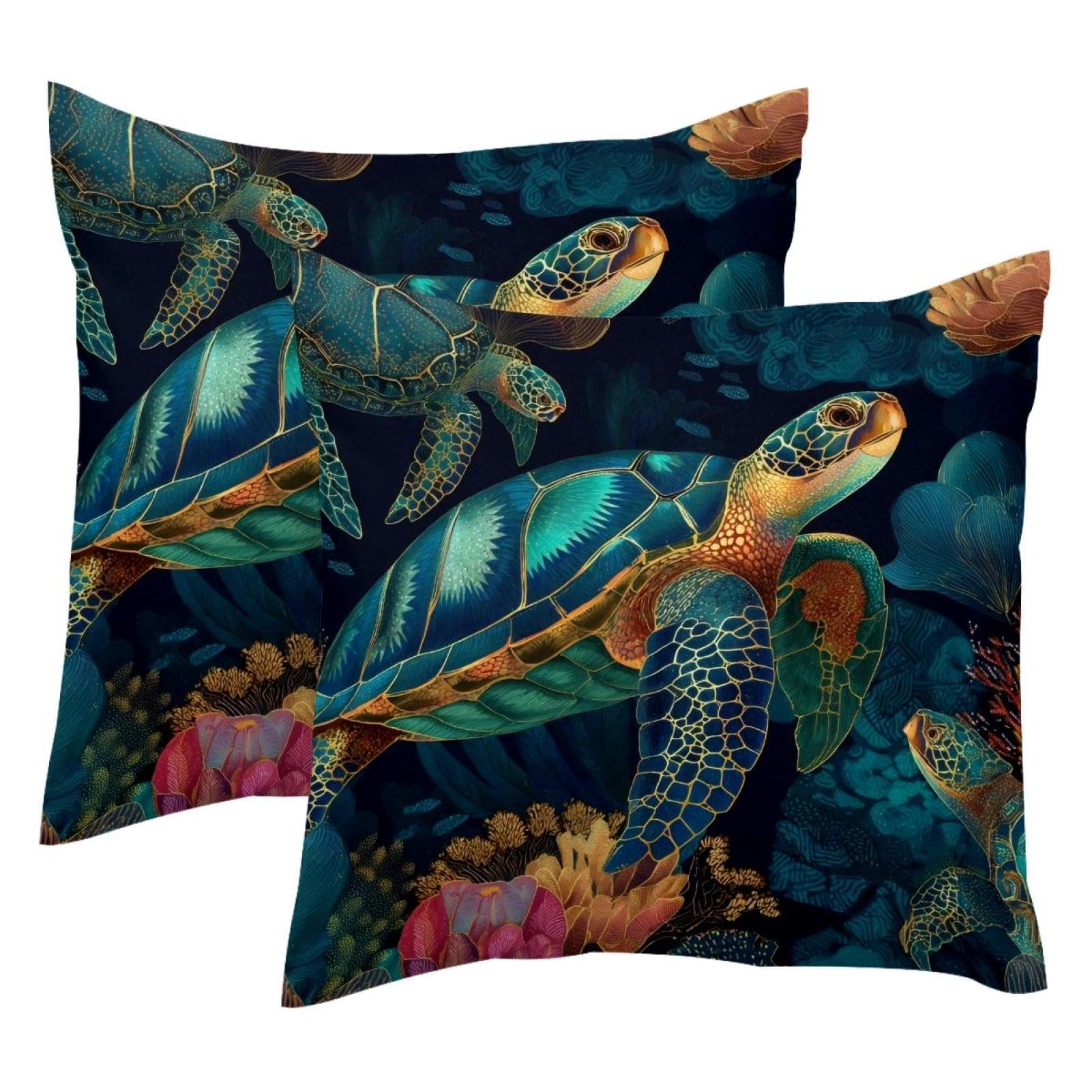 Housse de coussin double face velours 50x50 cm motif tortue verte
