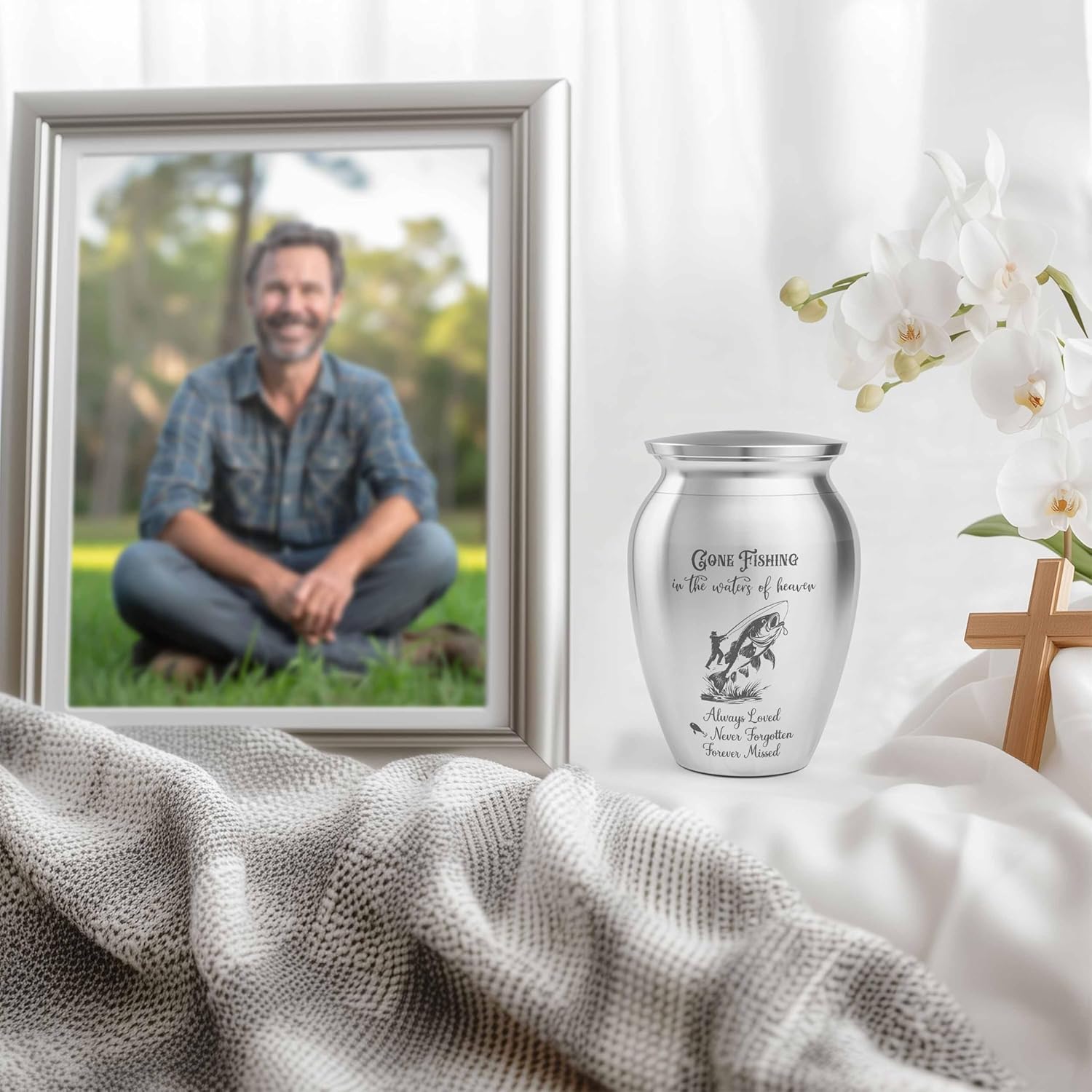 Artsy Woodsy Fishing in Heaven 2.56x1.77" Mini Urns Stainless Steel Decorative Keepsake Urns for Human Ashes, Sympathy Memorial Gifts for Loss of Loved One Male/Dad/Men/Son