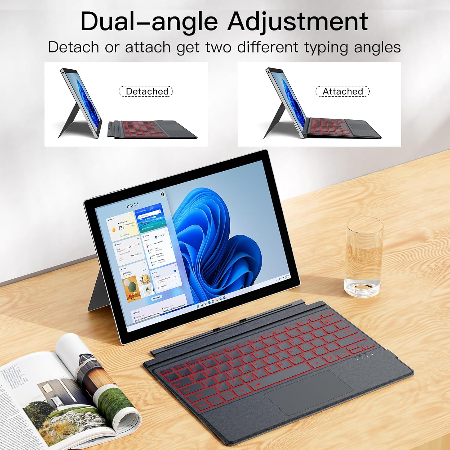 Magnetic Bluetooth Keyboard for Surface Pro 7+/7 Plus/7/6/5/4/3 - 7-Color Backlit Wireless Type Cover with Multi-Gesture Touchpad, Ultra-Slim Rechargeable Battery,12.3 Inch Tablet Keyboard (Dark Gray)