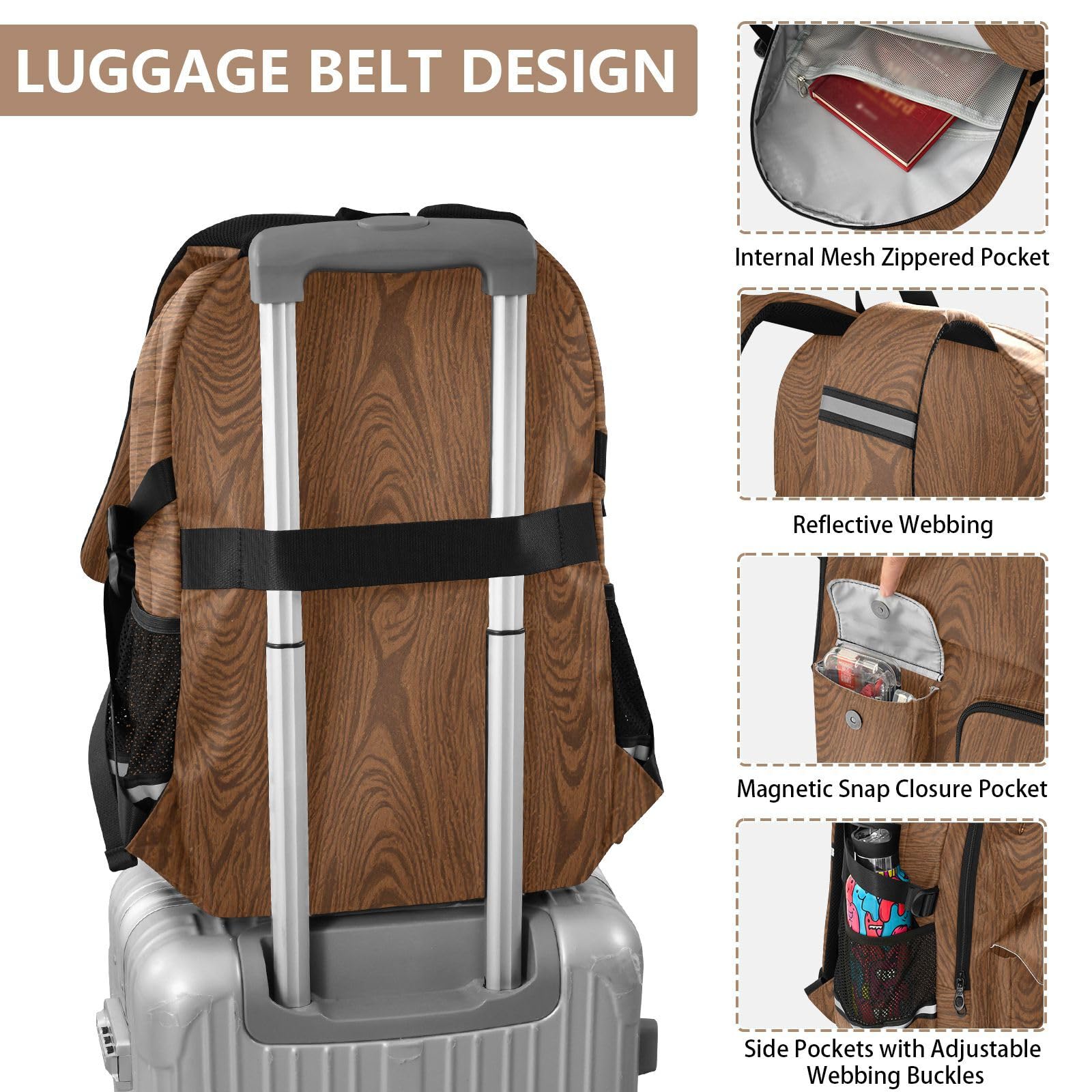 Sac à dos de voyage pour homme - Grain de bois marron - Vintage - Pour le travail, l'école, l'école - 44,5 cm - Sac à dos léger et décontracté