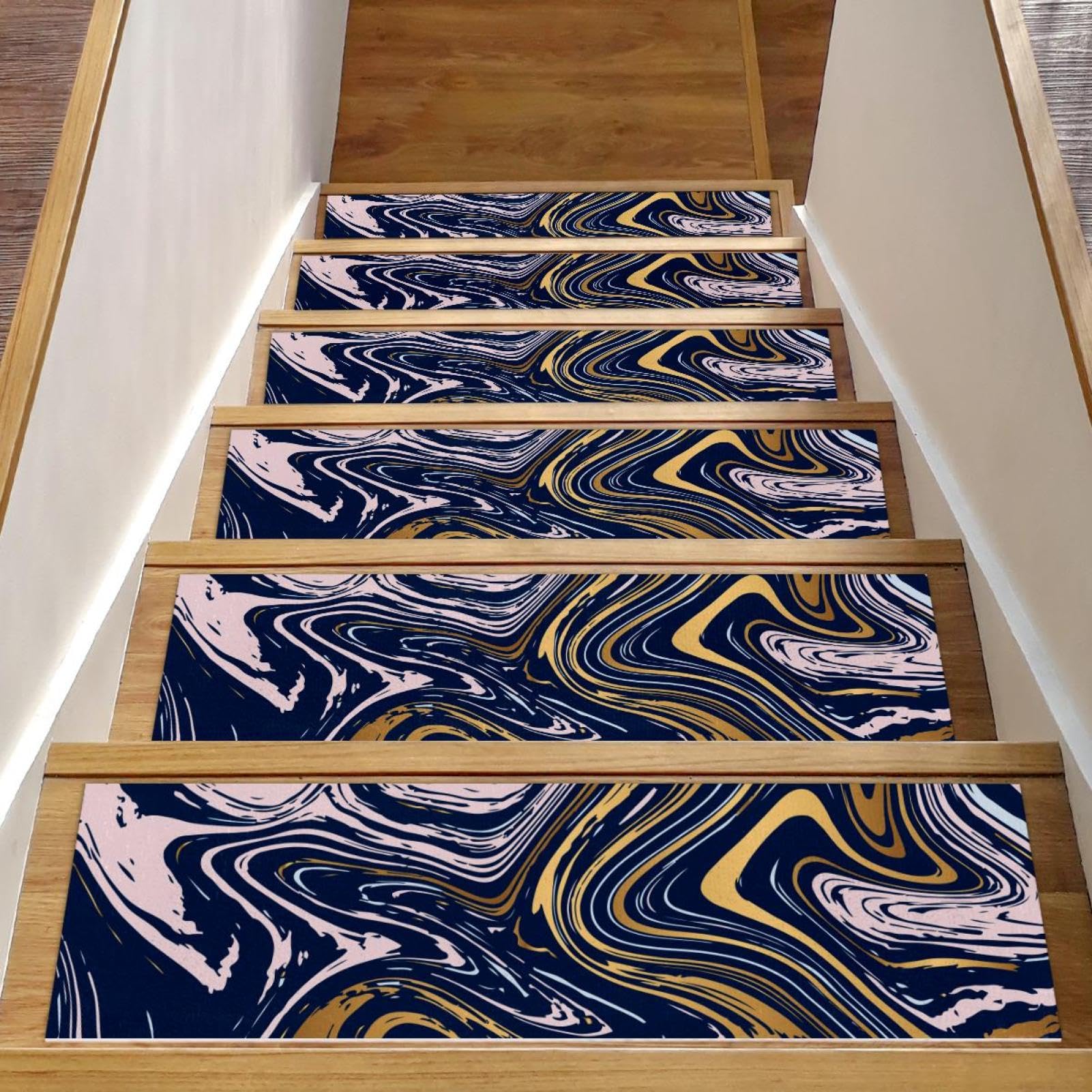 Alfombra para escaleras azul mármol pack 15 unidades de 8x30 pulgadas para peldaños de madera