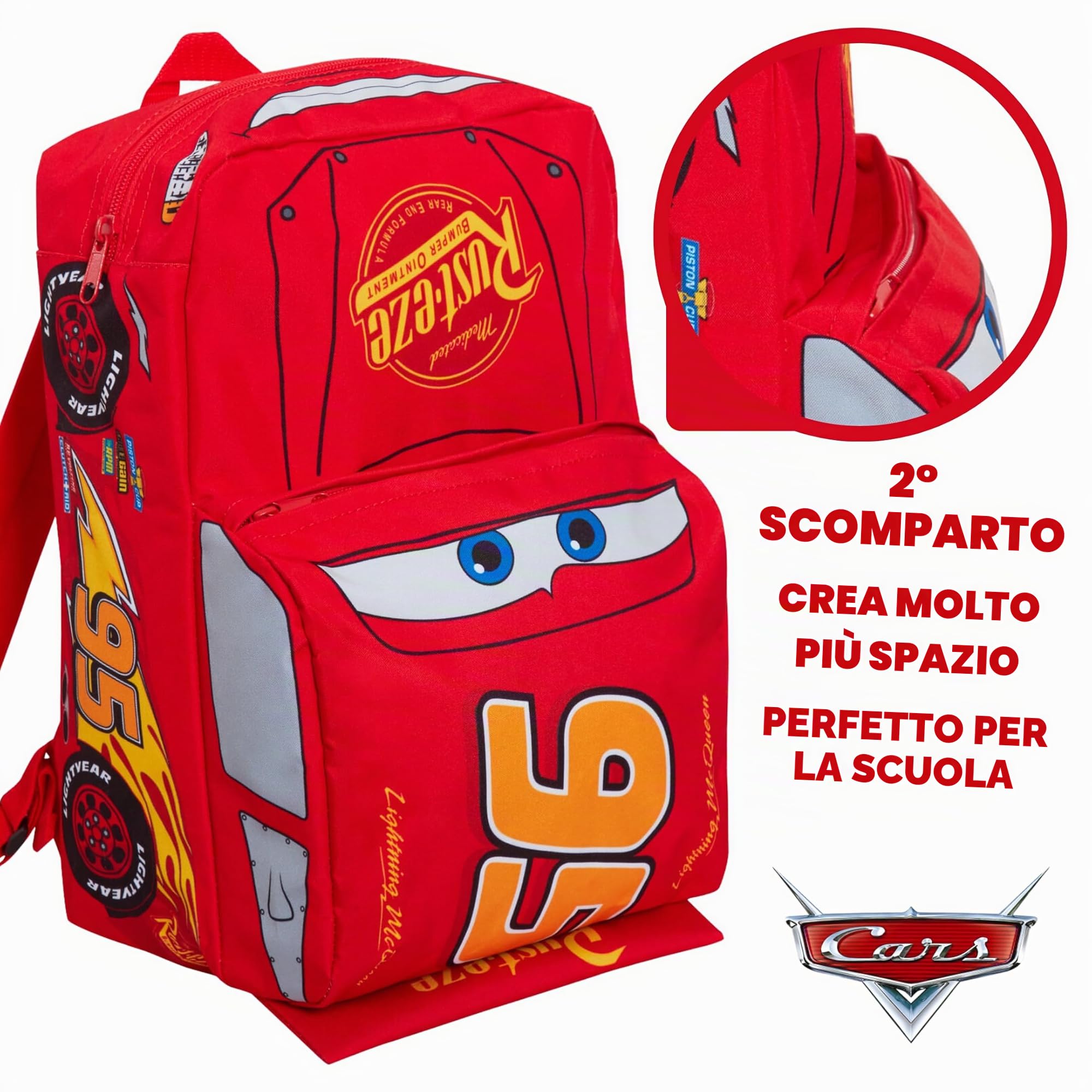 Zaino Disney Cars 3D Bambini Lightning McQueen Scuola Asilo Borsa per il pranzo Zaino Rosso 95