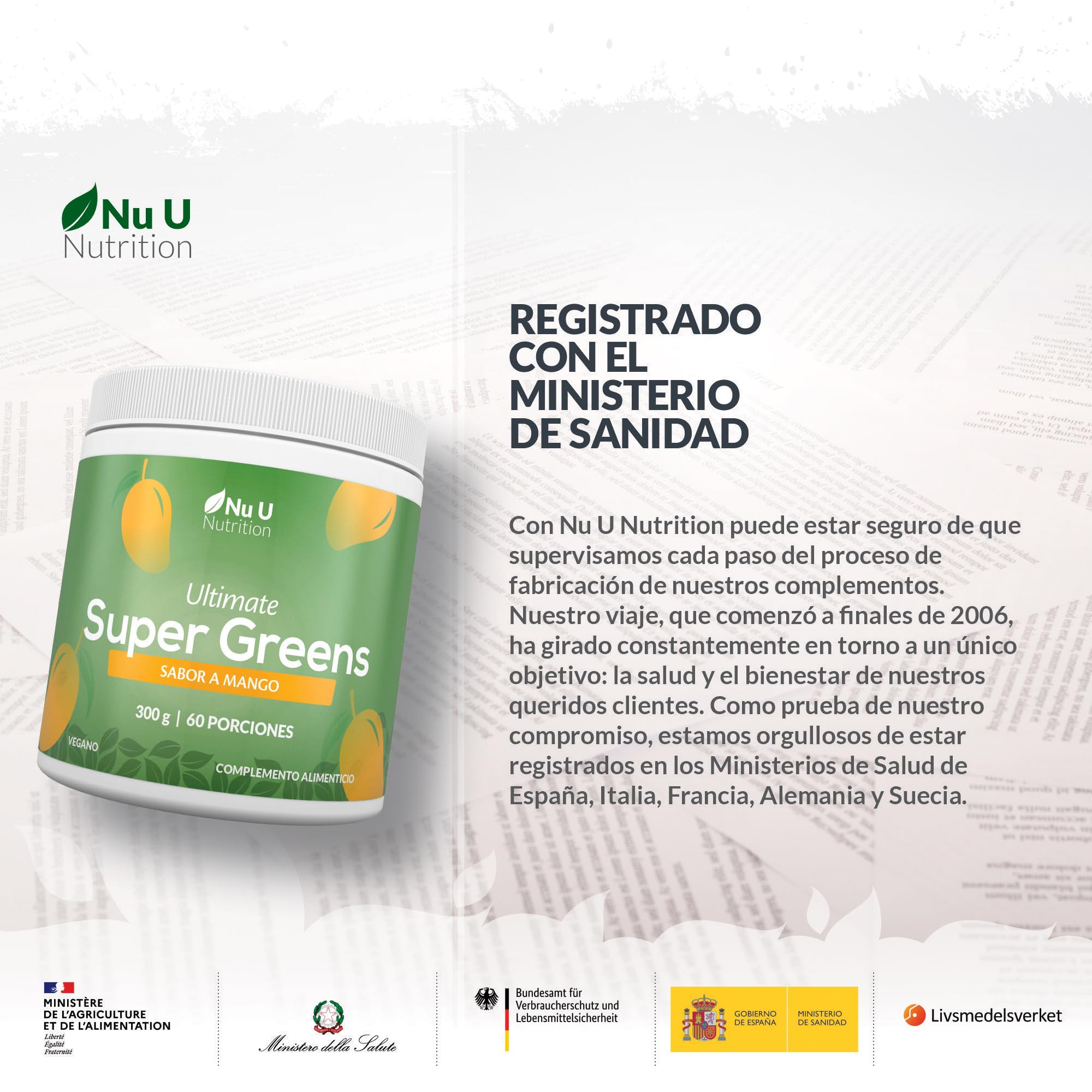 Super Greens | Mango | Polvo de Jugo Verde 300 g - 17 Ingredientes Superalimentarios Activos - 60 Porciones - con Inulina, Espirulina, Clorela, Raíz de Maca y Más - 100% Vegano - Nu U Nutrition